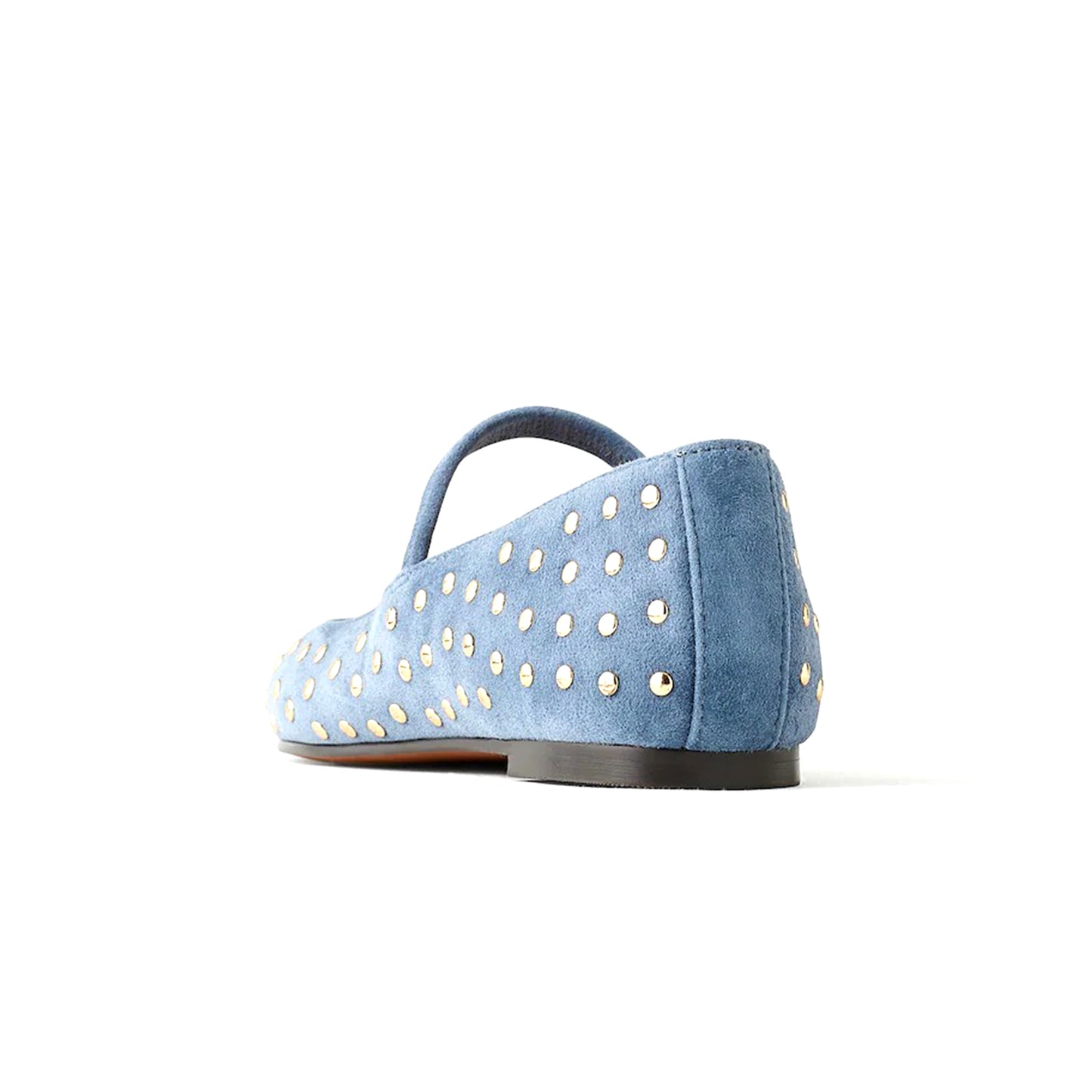 Blue Faux Suede Square-Toe Bridge Strap Studded Slip-On Flats