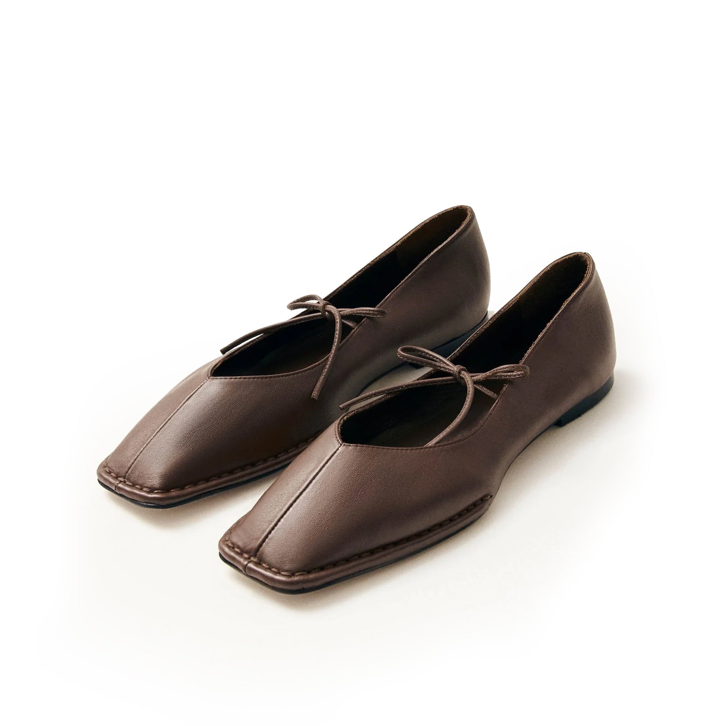 Brown Square-Toe V-Cut Vamps Bridge Self-Tie Bow Ballet Flats