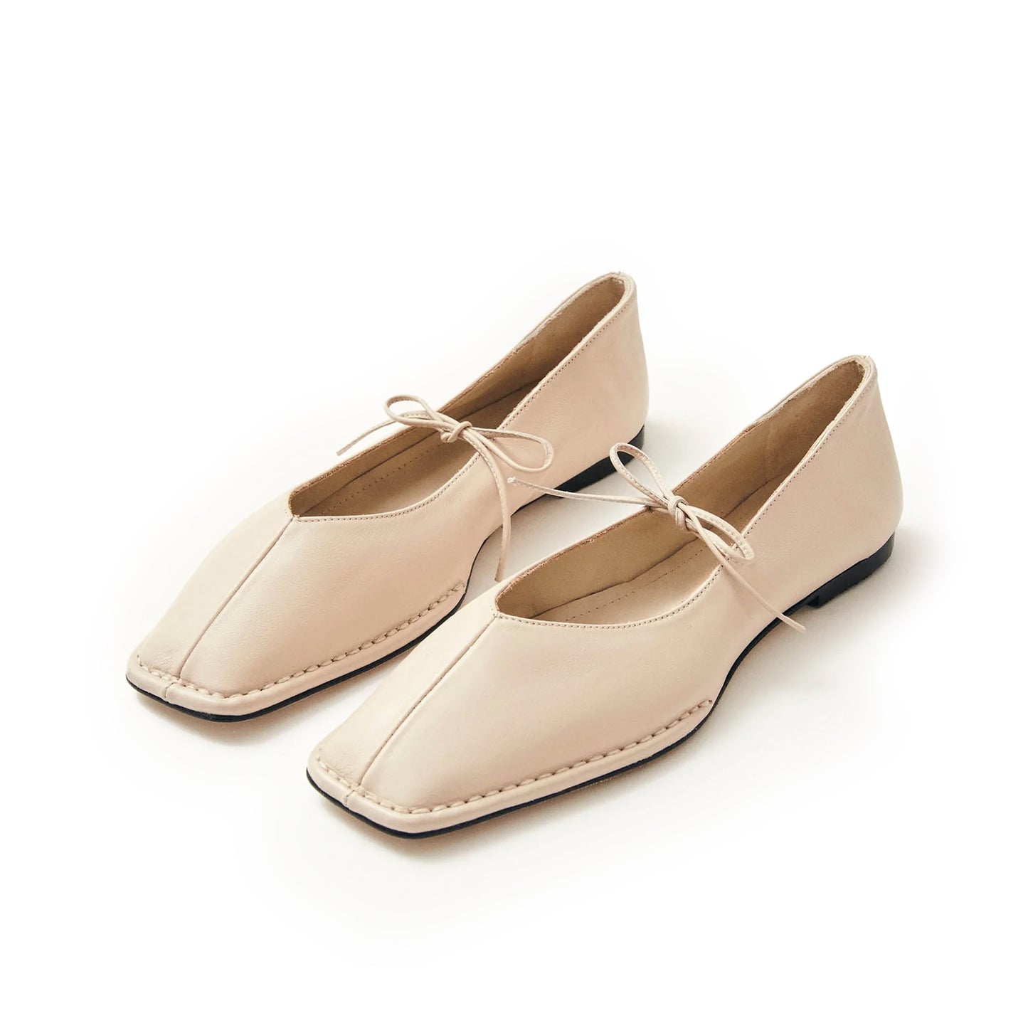 Cream Square-Toe V-Cut Vamps Bridge Self-Tie Bow Ballet Flats