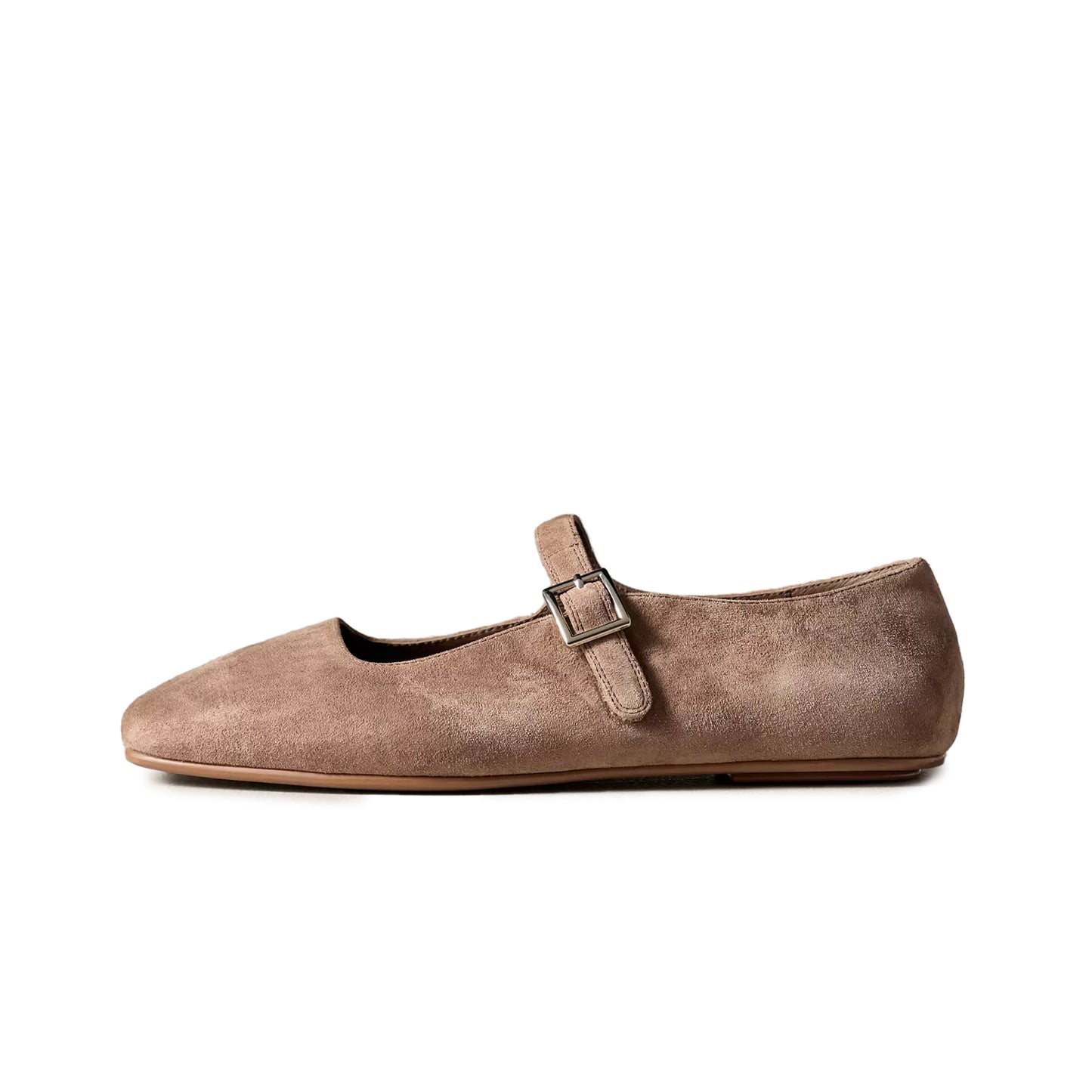 Taupe Faux Suede Square-Toe Bridge Strap Mary Janes Flats