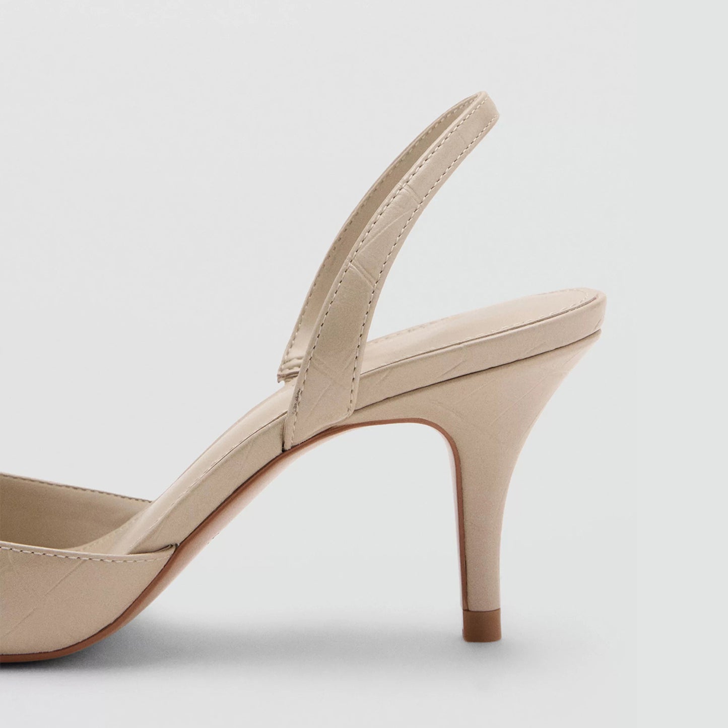 Ecru Stone Pattern Vegan Leather Pointed-Toe Slingback Kitten Heels