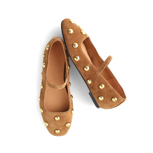 Tan Faux Suede Square-Toe Bridge Strap Studded Slip-On Flats