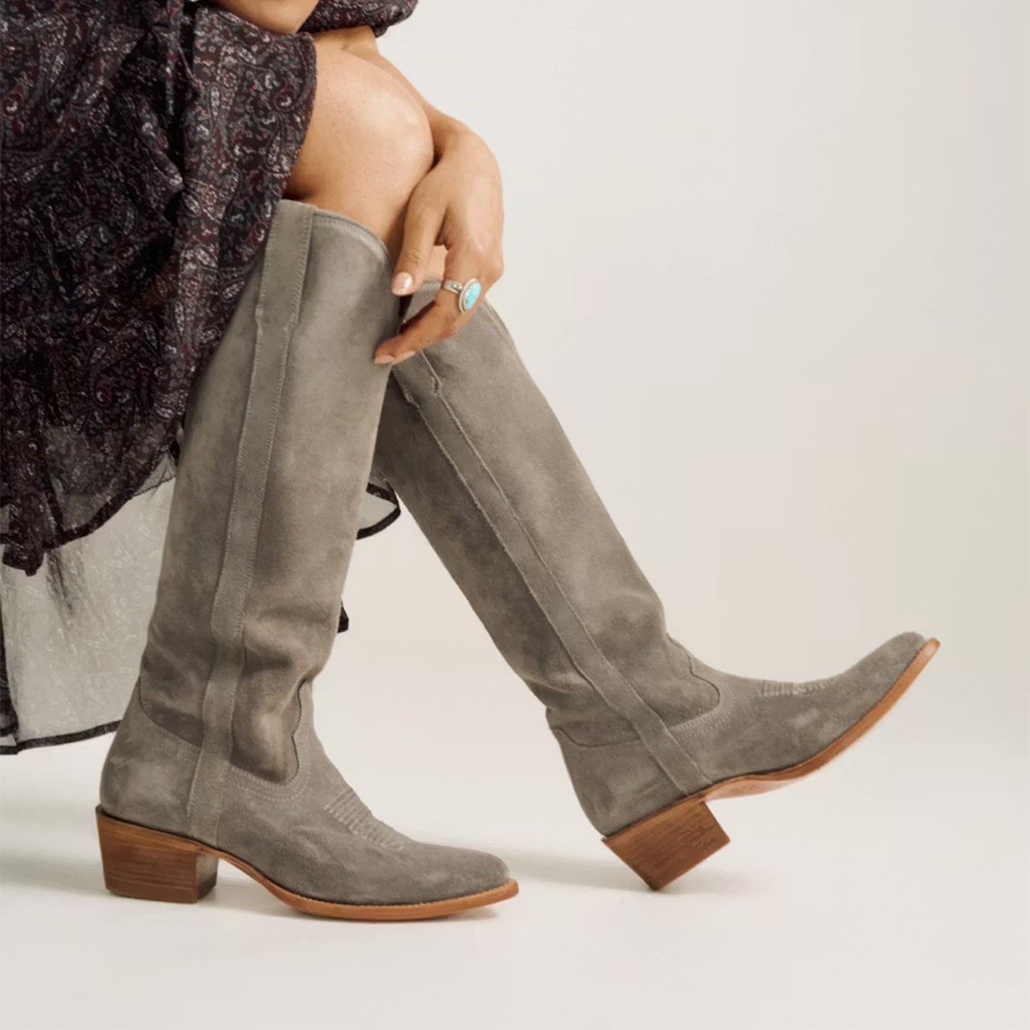 Charcoal Faux Suede Almond-Toe Embroidery Wide Calf Knee High Cowgirl Boots
