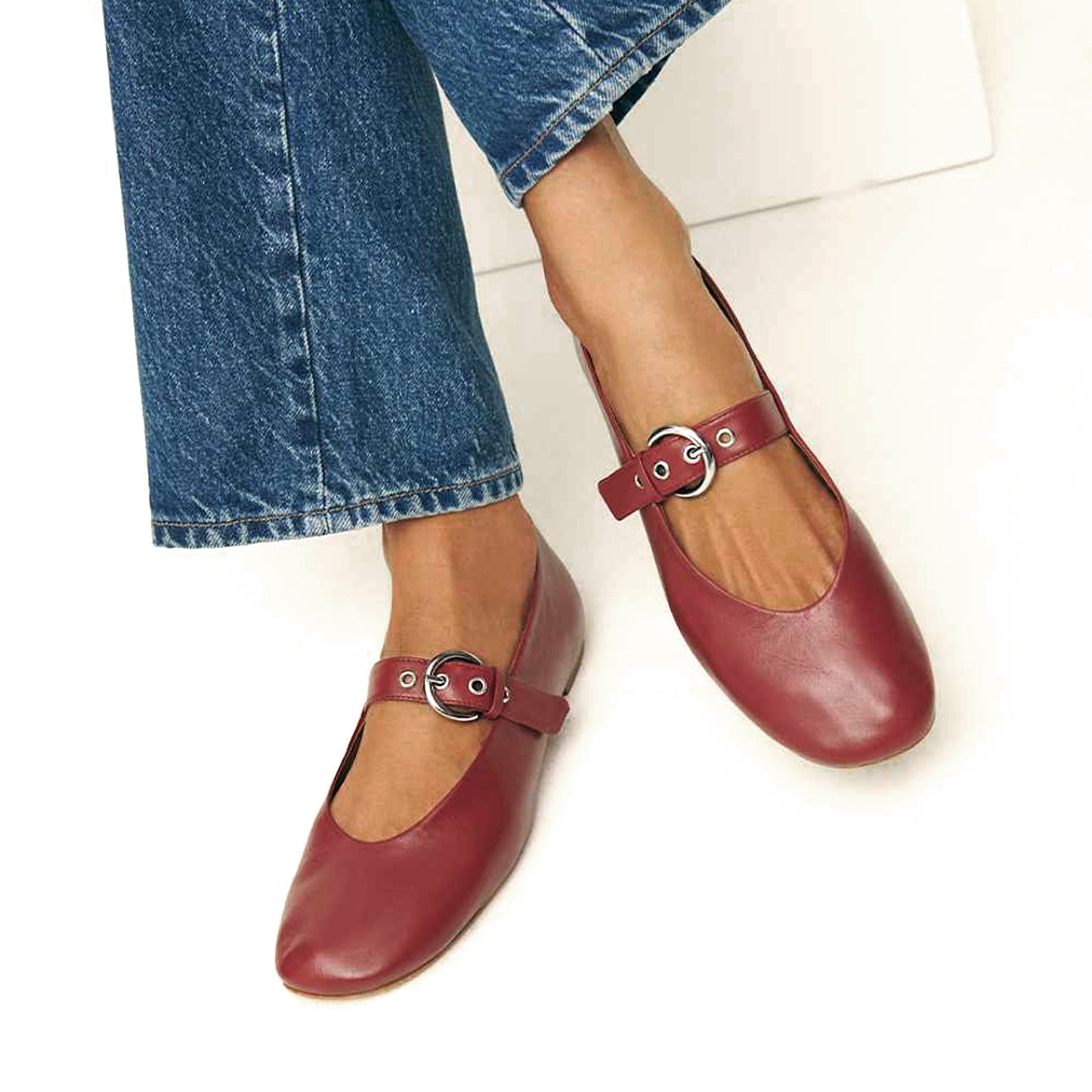 Brick Red Square-Toe Classic Buckle Bridge Strap Ballet Flats