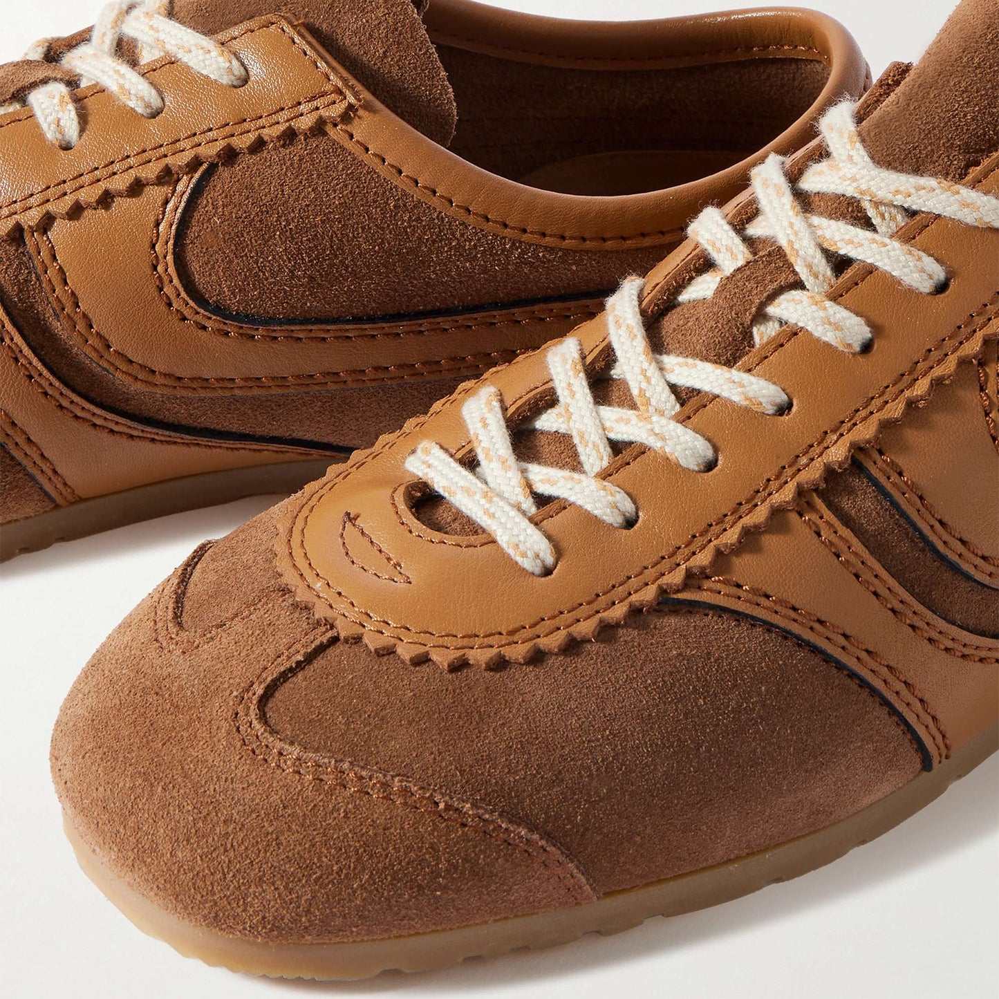 Dark Tan Contrast Faux Suede And Vegan Leather Square-Toe Lace-Up Sneakers Flats