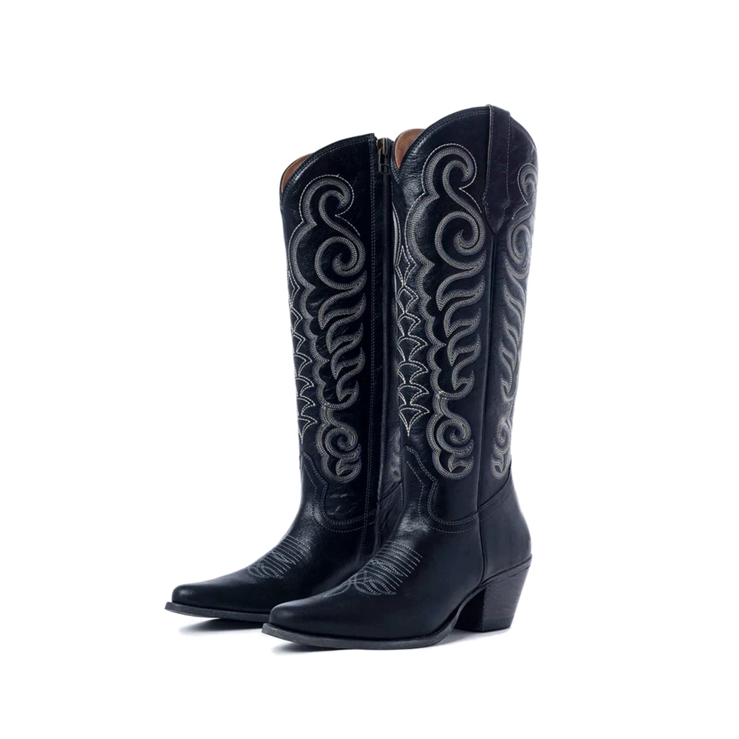 Black Almond-Toe Curled Embroidery Full-Zip Knee High Cowgirl Boots