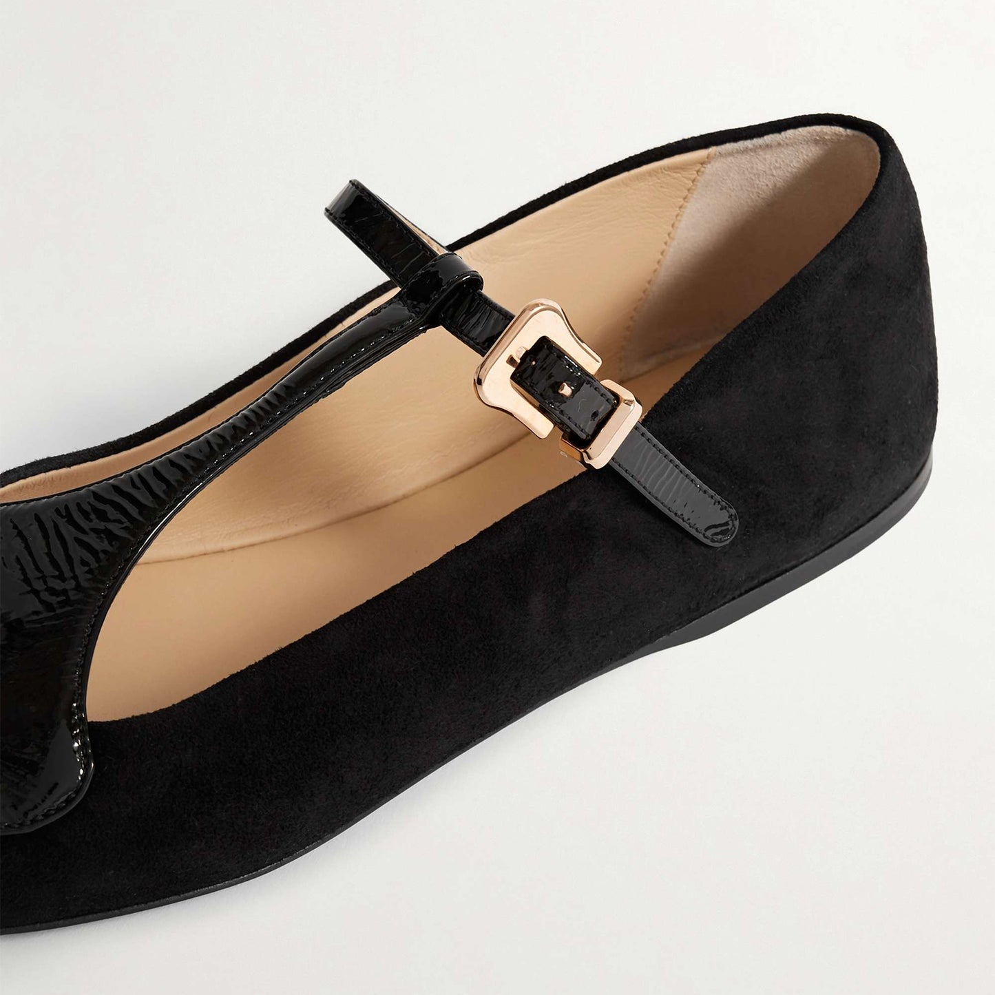 Black Contrast Patent Leather And Faux Suede Pointed-Toe Mary Jane Flats