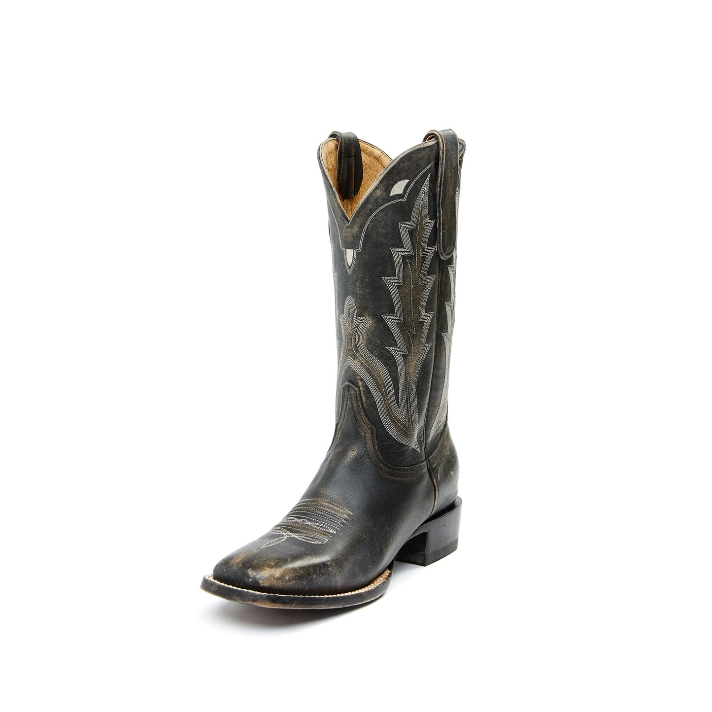 Distressed Black Square-Toe Embroidery Mid Calf Cowgirl Boots