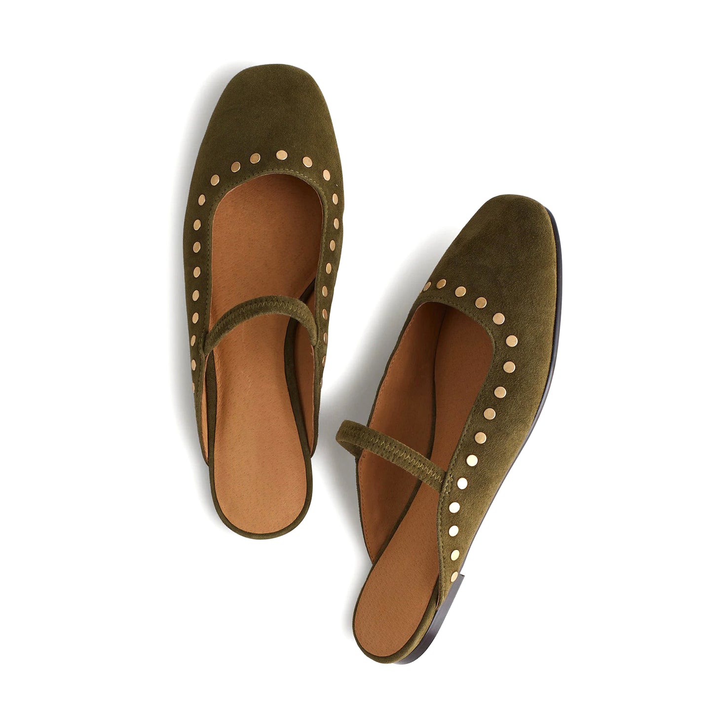 Olive Green Faux Suede Square-Toe Bridge Strap Studded Slip-On Flats
