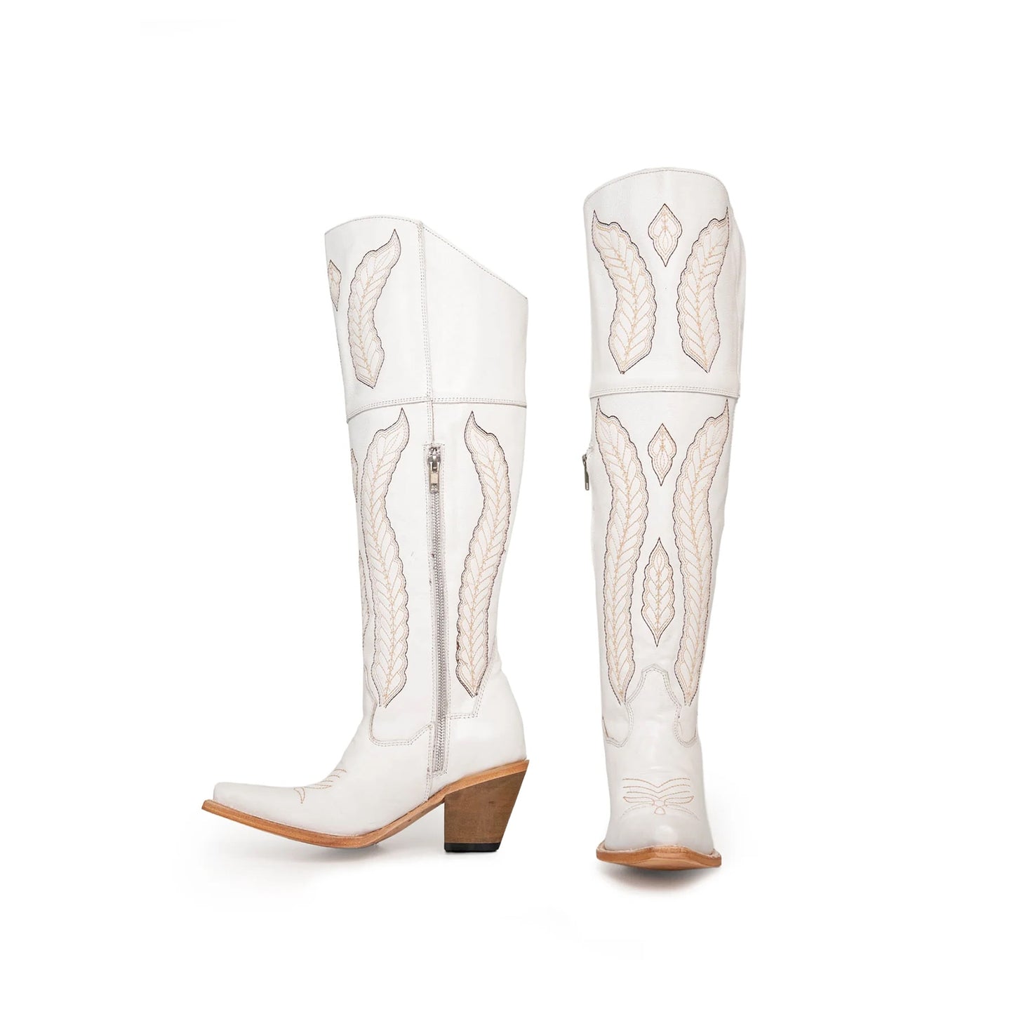 White Snip-Toe Wings Embroidery Half-Zip Knee High Cowgirl Boots