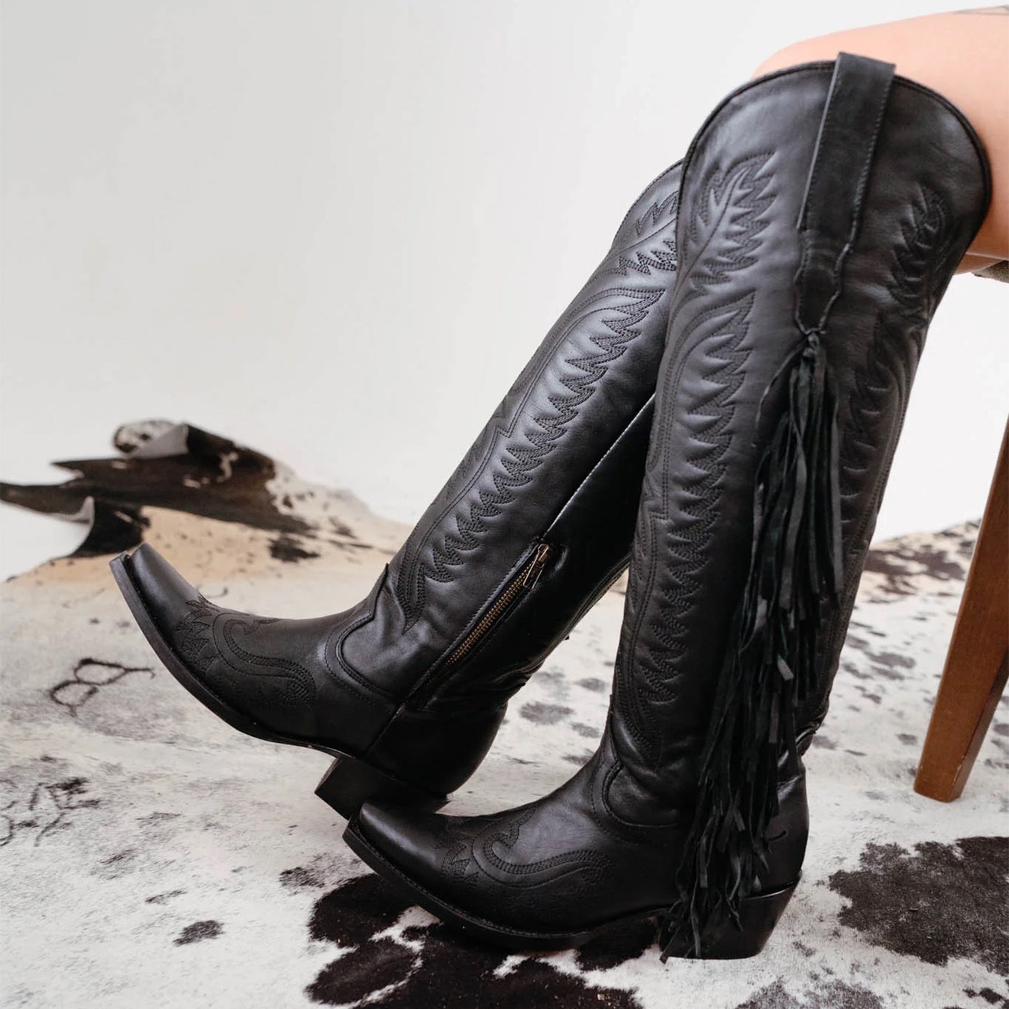 Black Snip-Toe Embroidery Side Fringe Half-Zip Knee High Cowgirl Boots