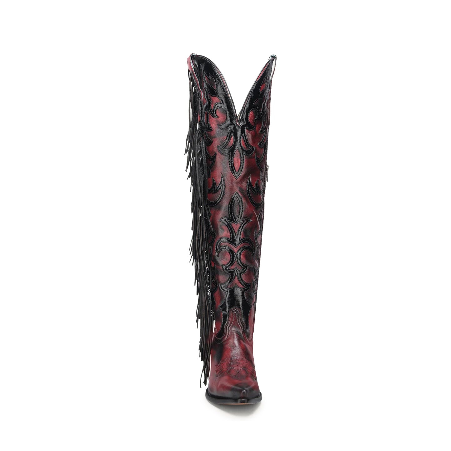Contrast Black And Brown Pointed-Toe Embroidery Half-Zip Fringe Knee High Cowgirl Boots