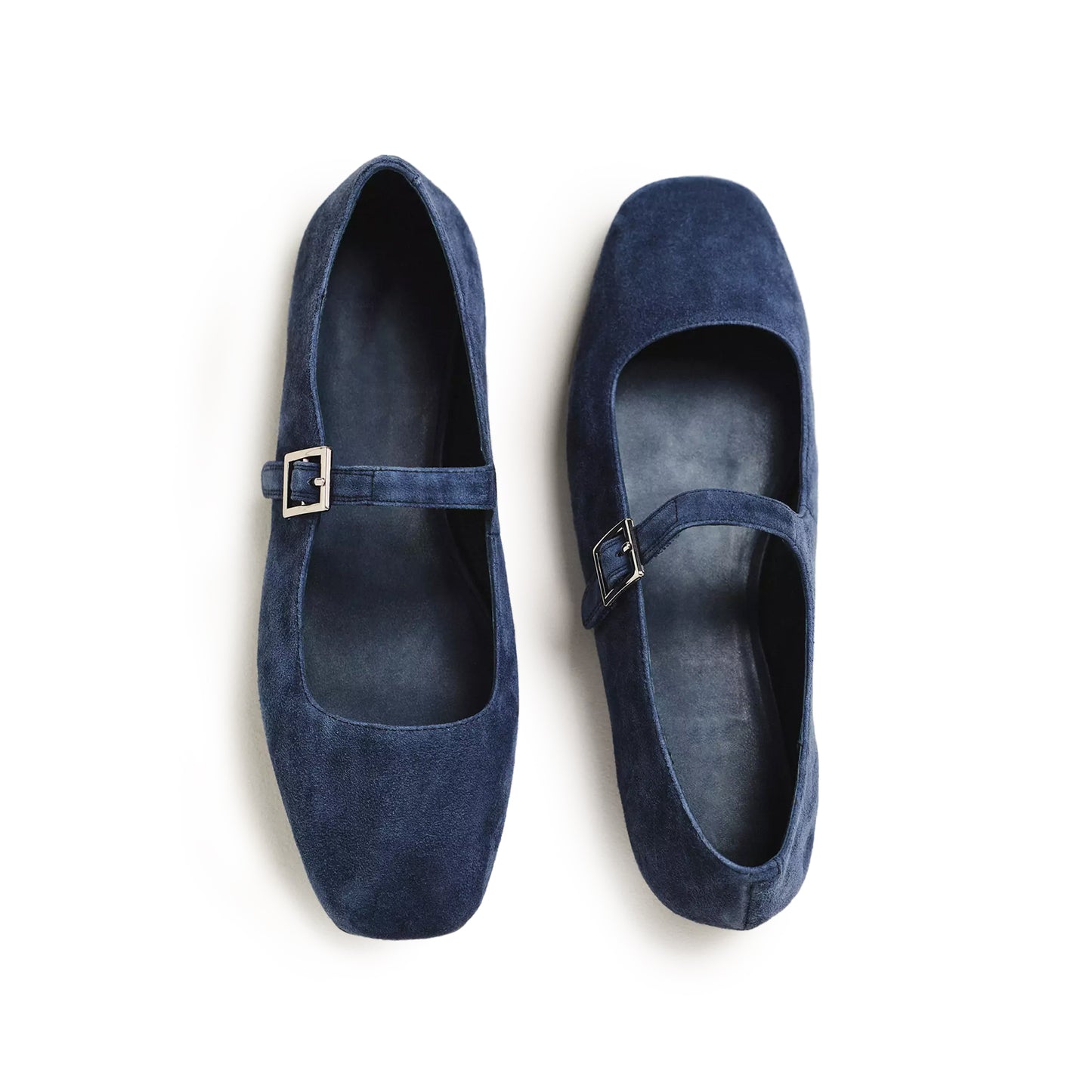 Blue Faux Suede Square-Toe Bridge Strap Mary Janes Flats