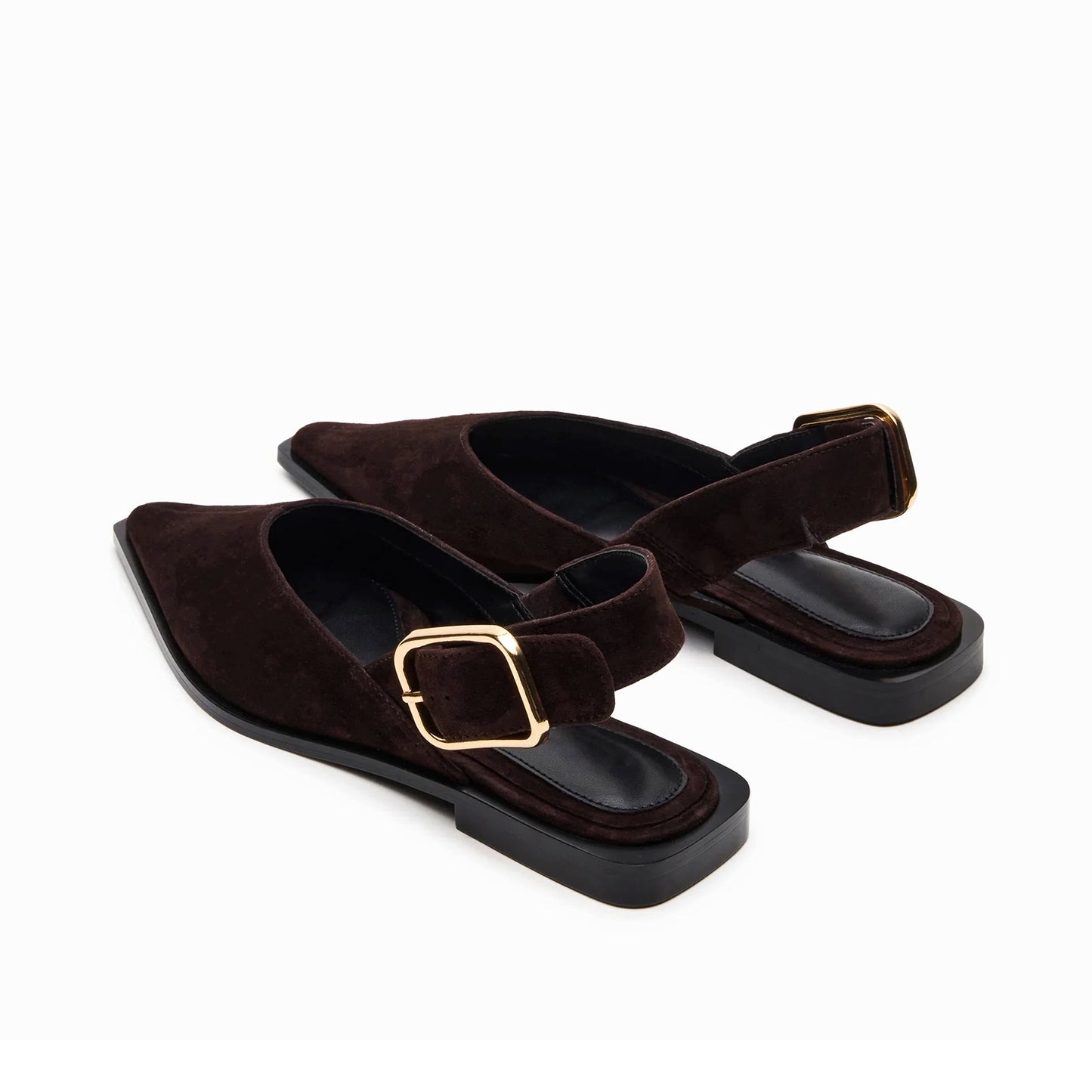 Brown Faux Suede Pointed-Toe Slingback Buckle Flats