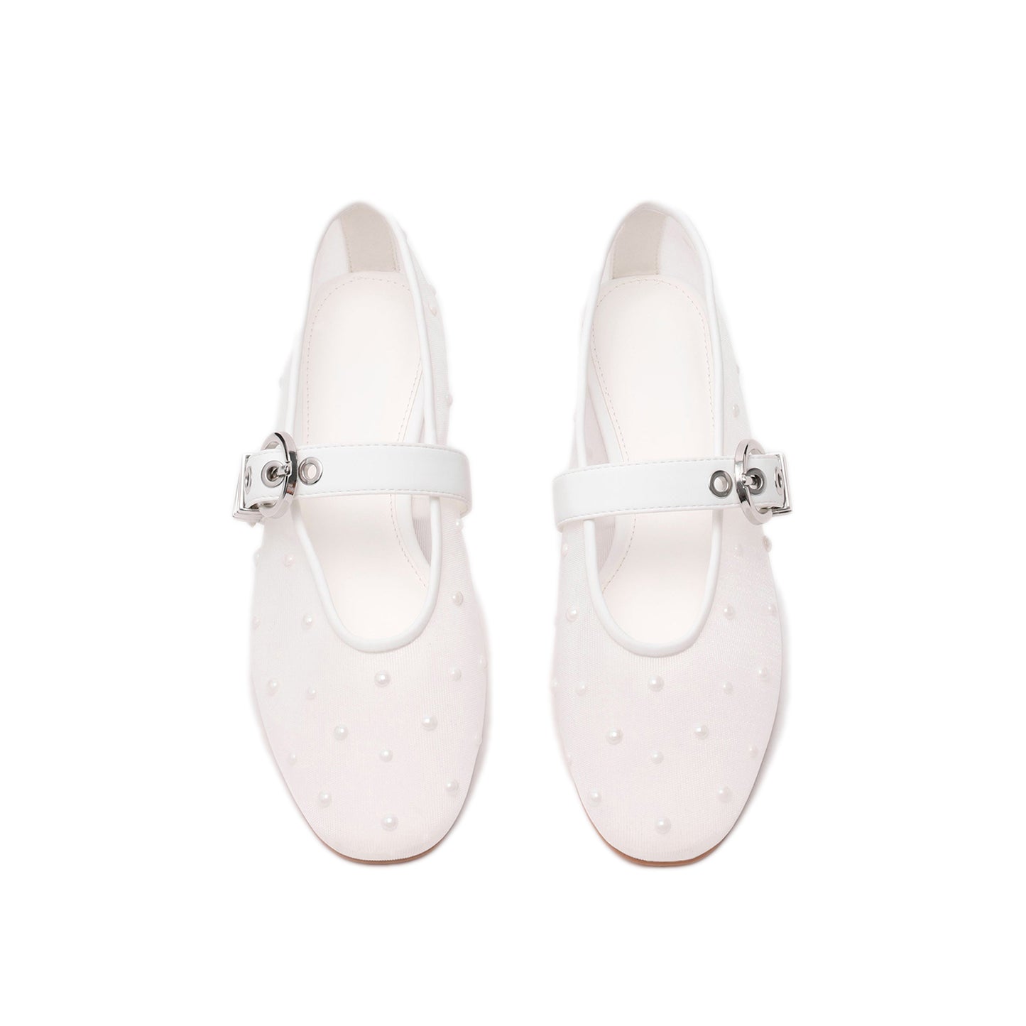 White Studded Mesh Square-Toe Bridge Strap Ballet Flats