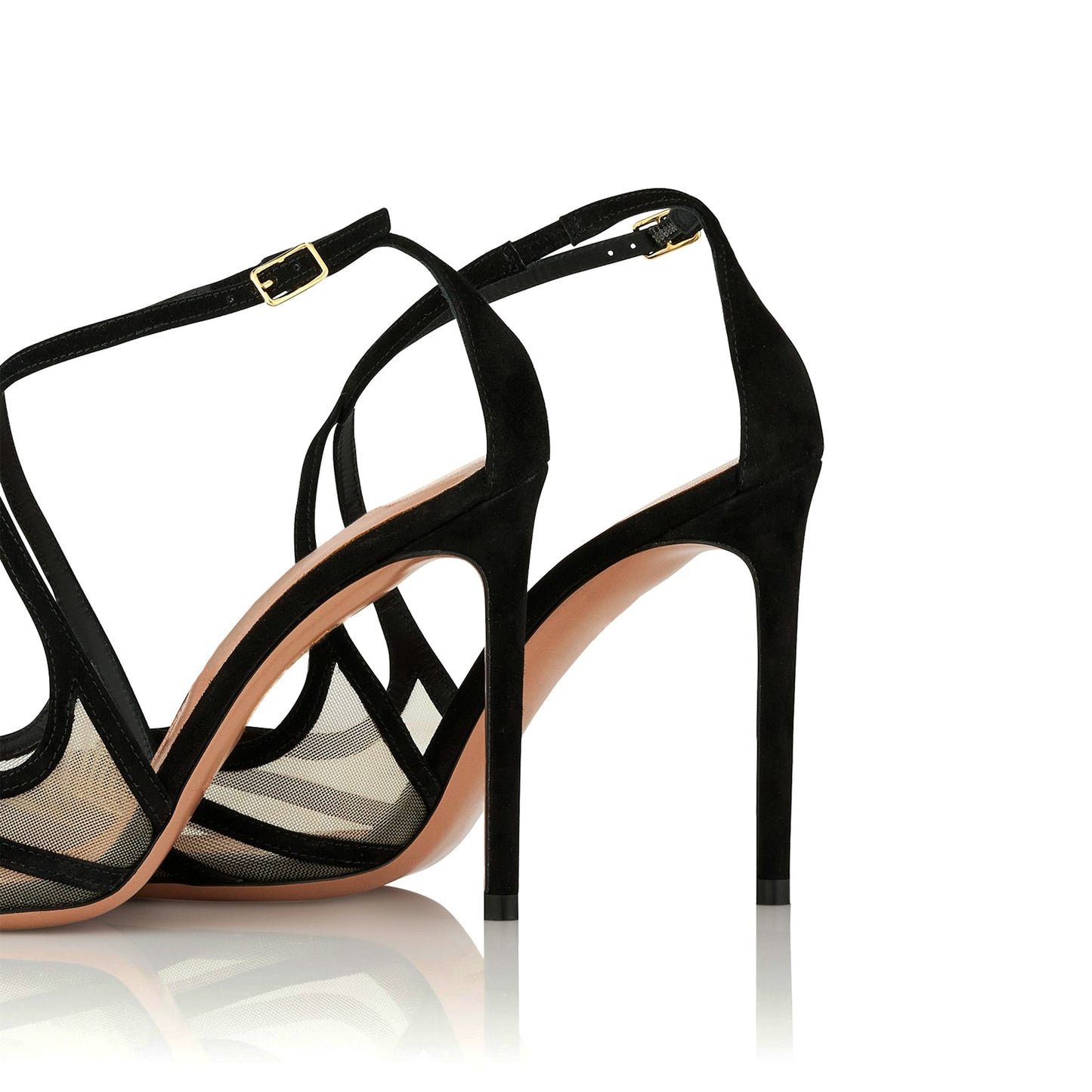 Black Contrast Mesh And Faux Suede Pointed-Toe Crossed Straps High Heels