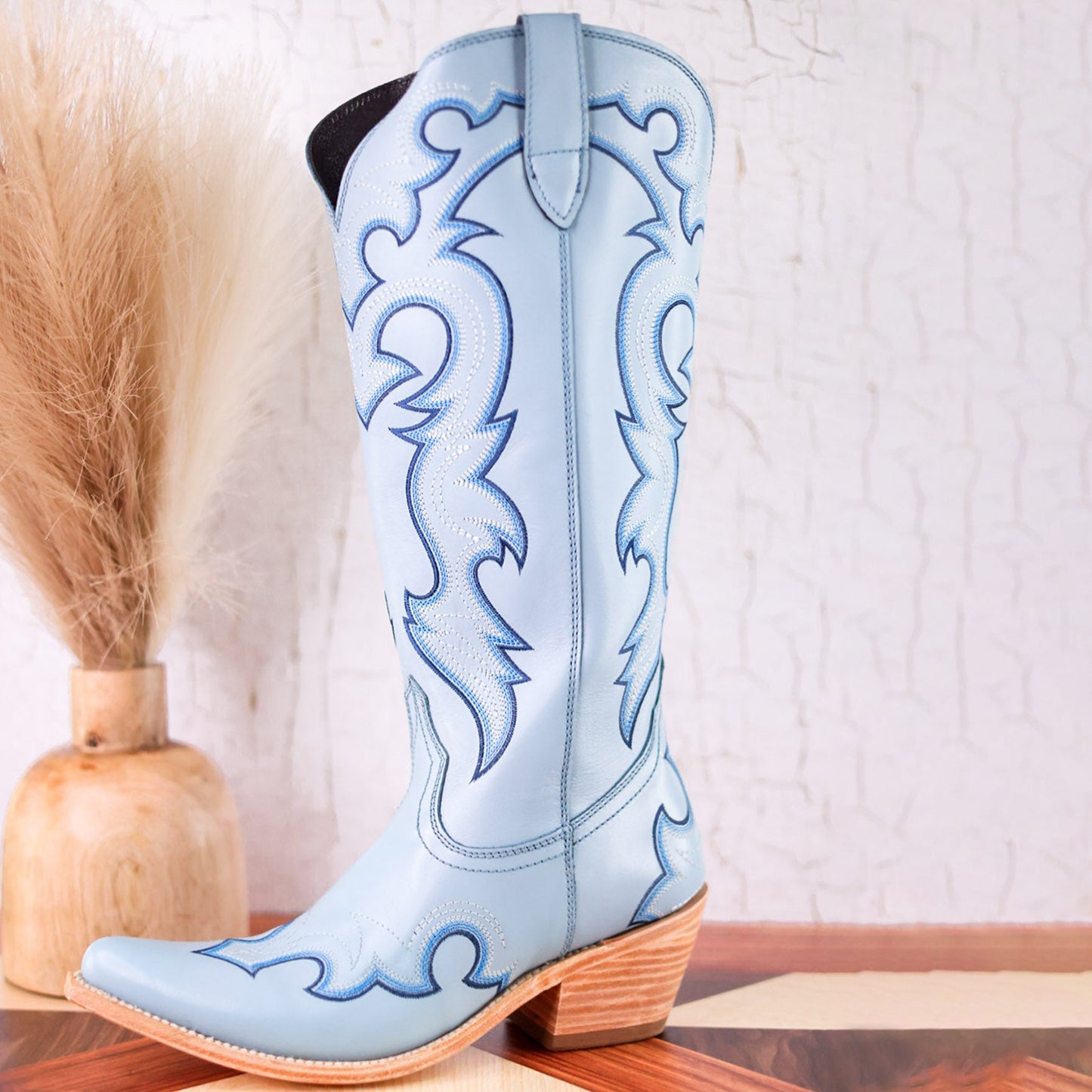 Pastel Blue Almond-Toe Embroidery Tall Wide Calf Knee High Cowgirl Boots