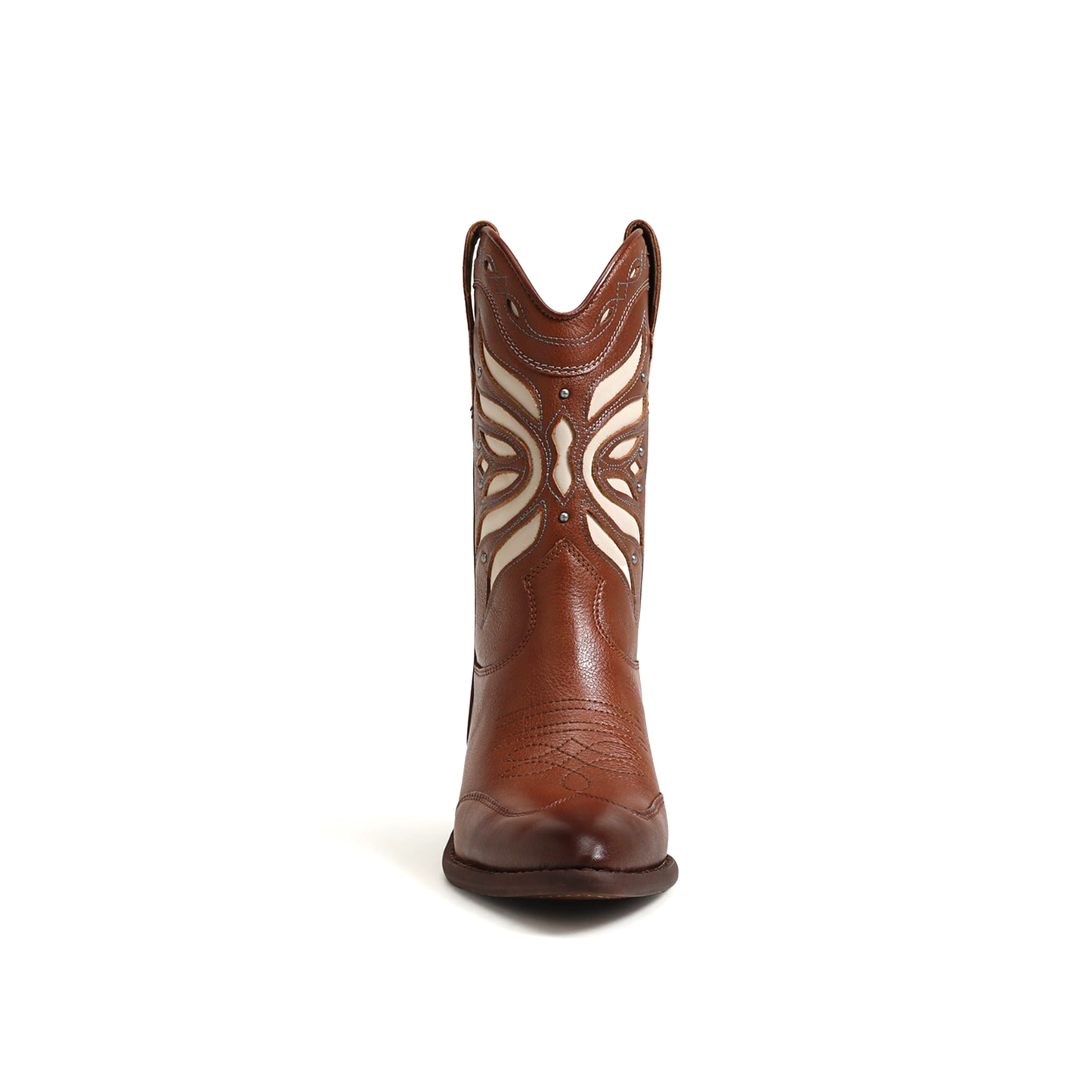 Brown Pointed-Toe Inlays Studded Mid Calf Cowgirl Boots