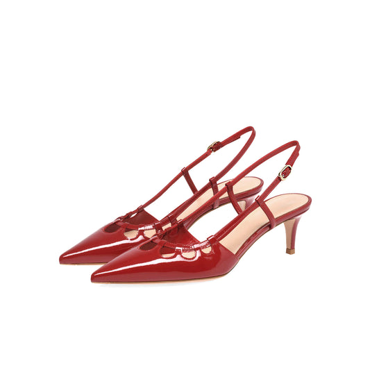 Patent Red Pointed-Toe Buckle Slingback Kitten Heels