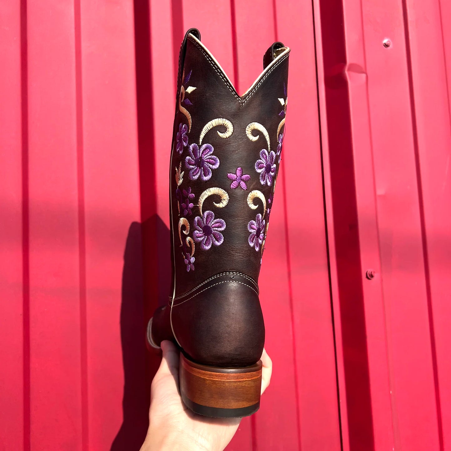 Black Square-Toe Flowers Embroidery Mid Calf Cowgirl Boots