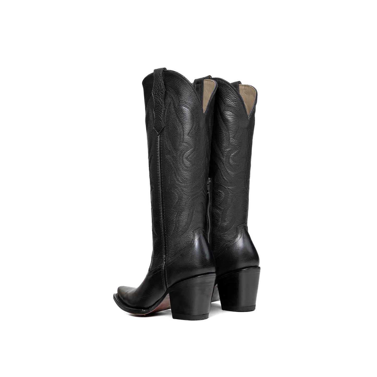 Sleek Black Snip-Toe Embroidery Half-Zip Knee High Cowgirl Boots