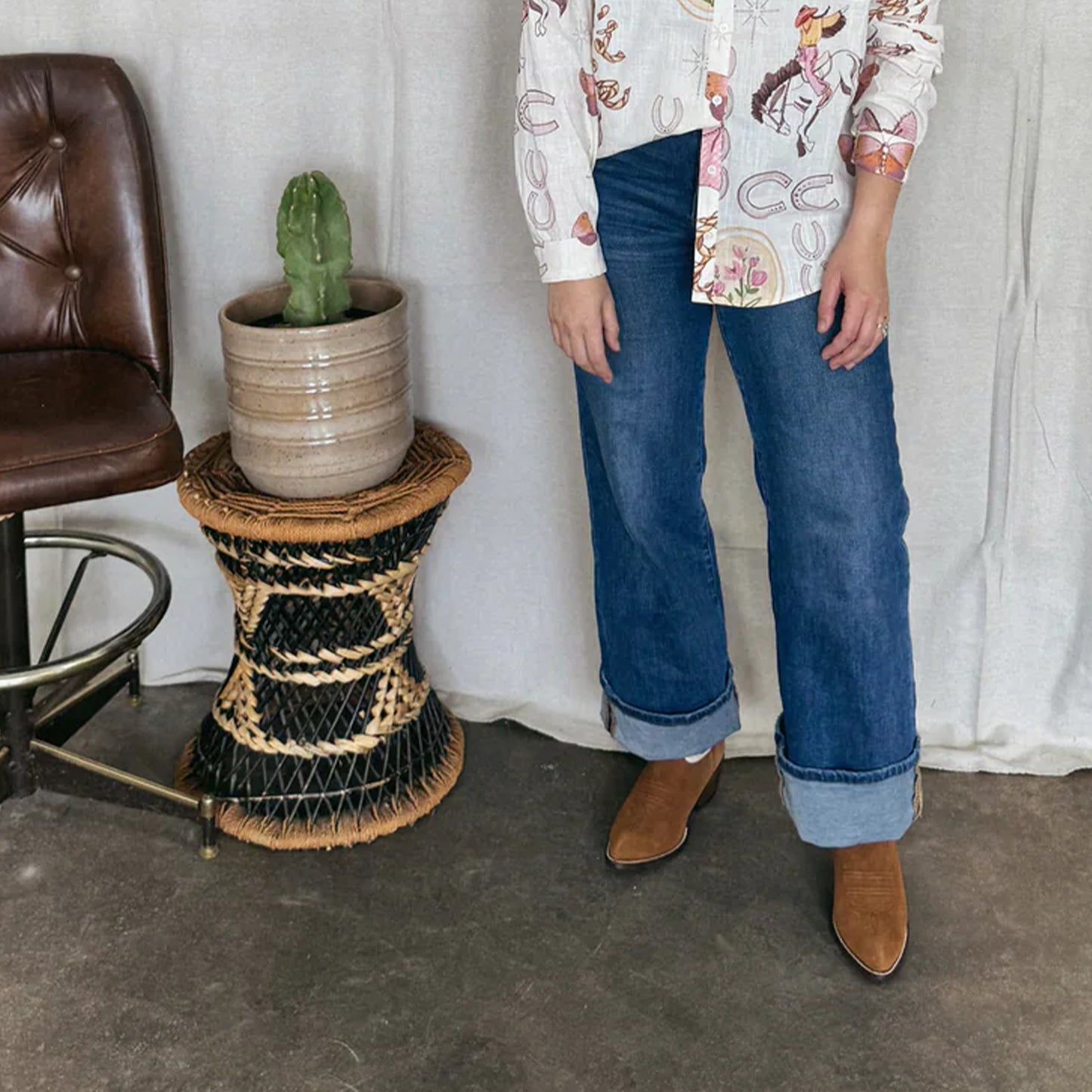 Contrast White And Brown Faux Suede Almond-Toe Embroidery Ankle Cowgirl Boots