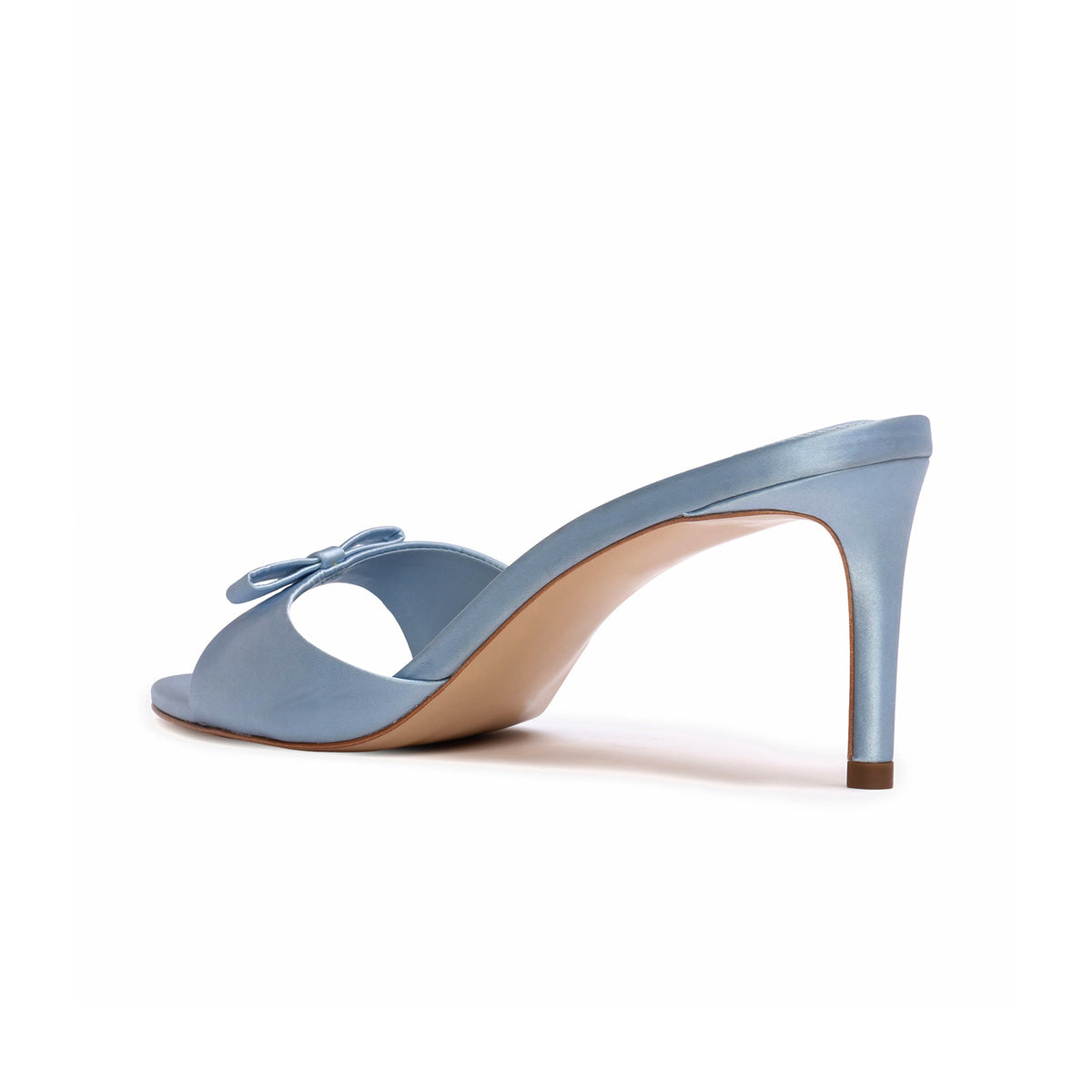 Blue Satin Round-Toe Front-Bow Backless Kitten Heels
