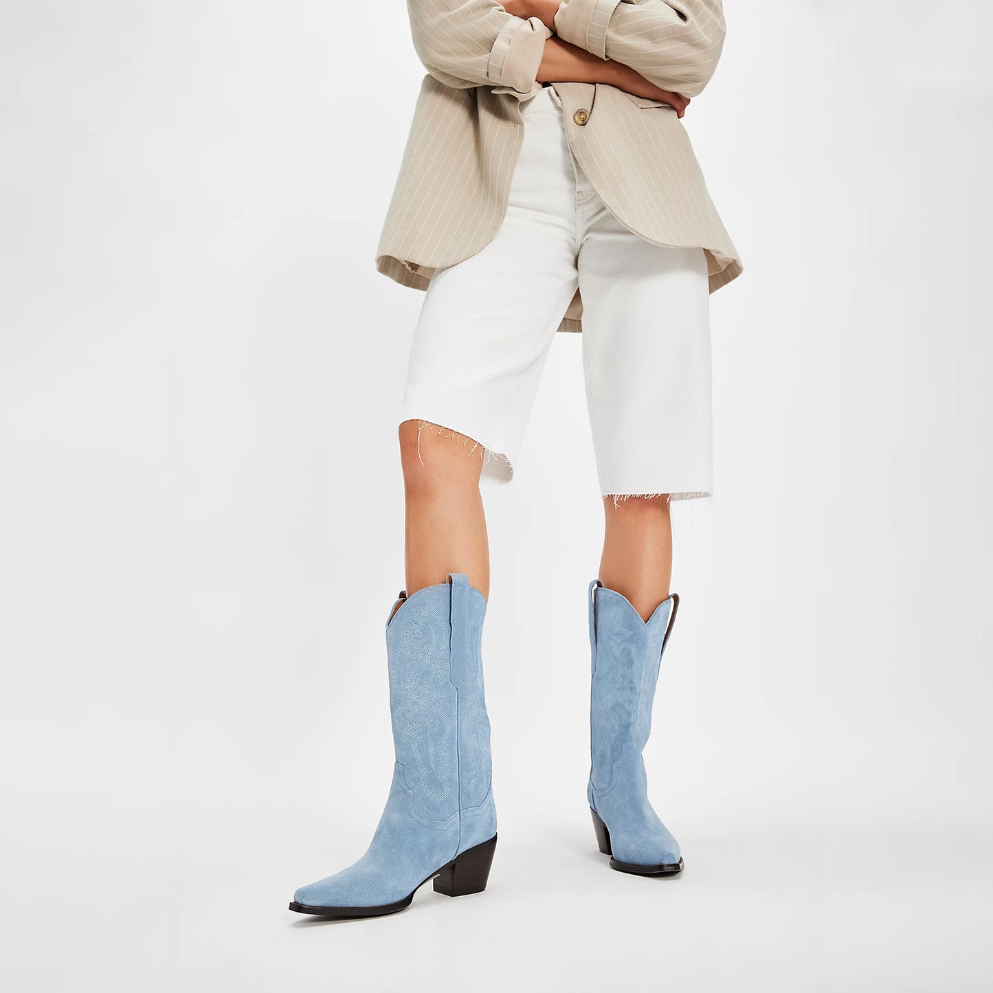 Blue Faux Suede Snip-Toe Classic Embroidery Mid Calf Cowgirl Boots
