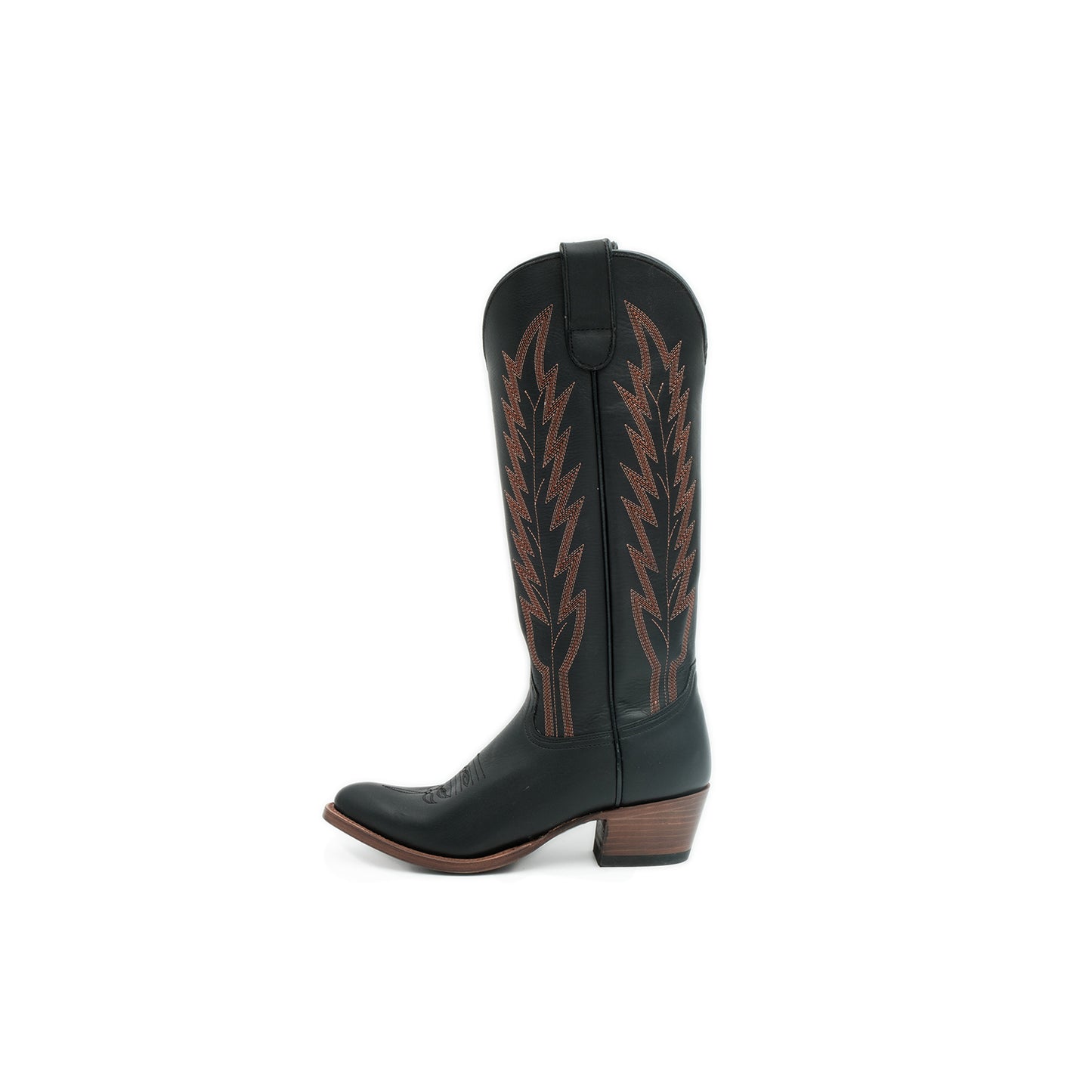 Black Almond-Toe Green Embroidery Wide Calf Knee High Cowgirl Boots