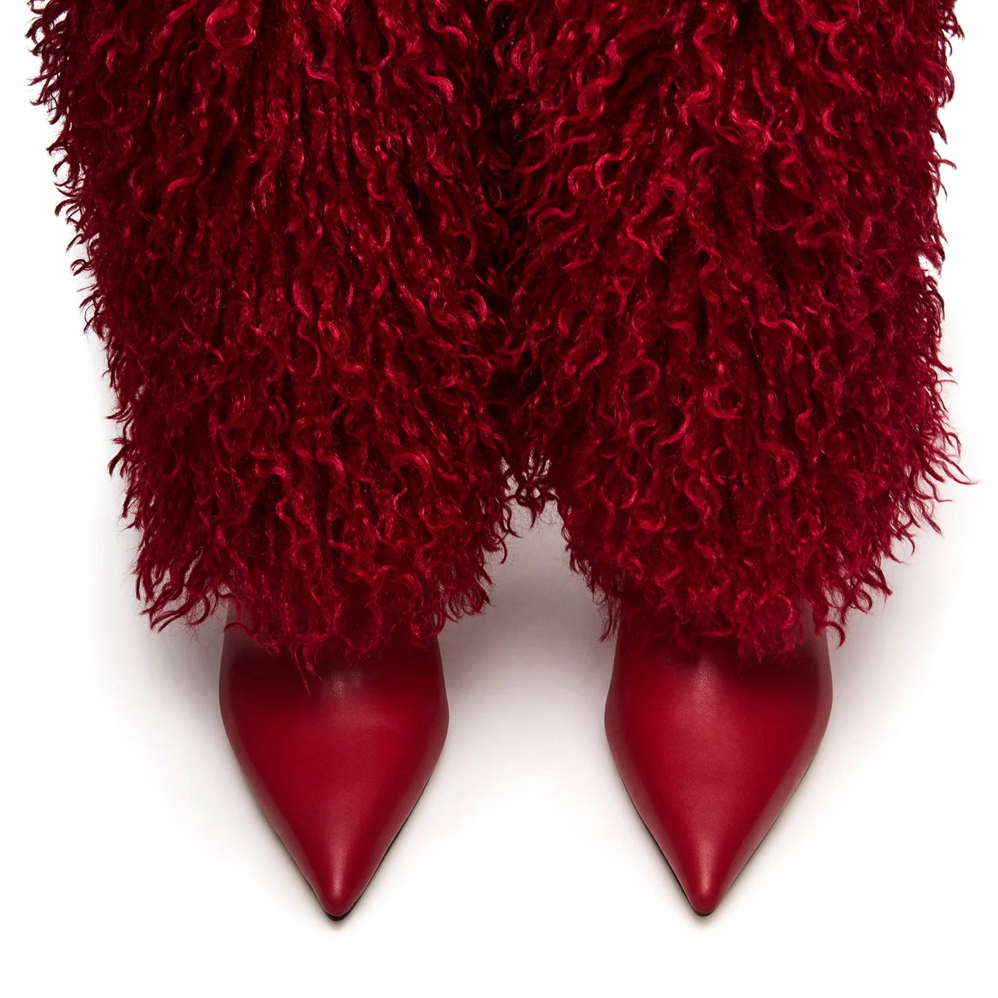 Red Pointed-Toe Full Plush Wide Calf Knee High Stiletto Boots