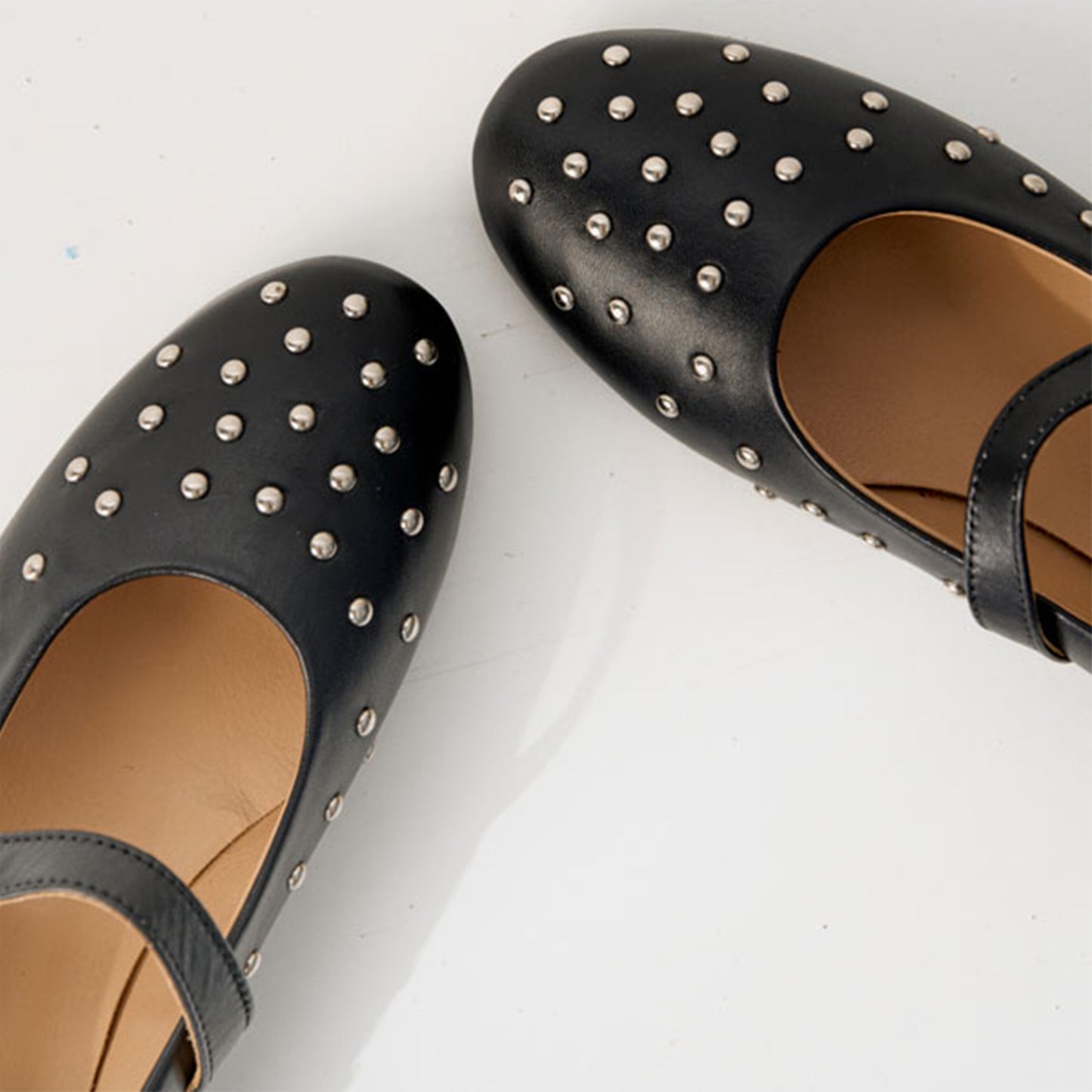 Black Round-Toe Full Studs And Buckle Mary Jane Ballet Flats