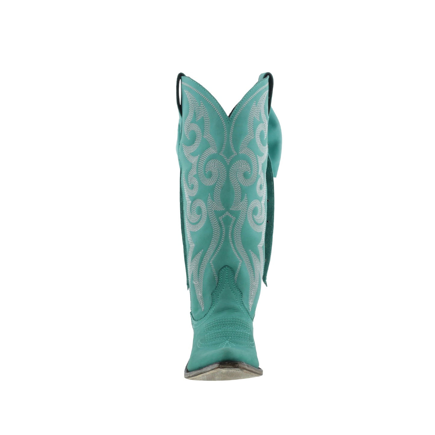 Turquoise Pointed-Toe Embroidery Back Studded Bow Mid Calf Cowgirl Boots