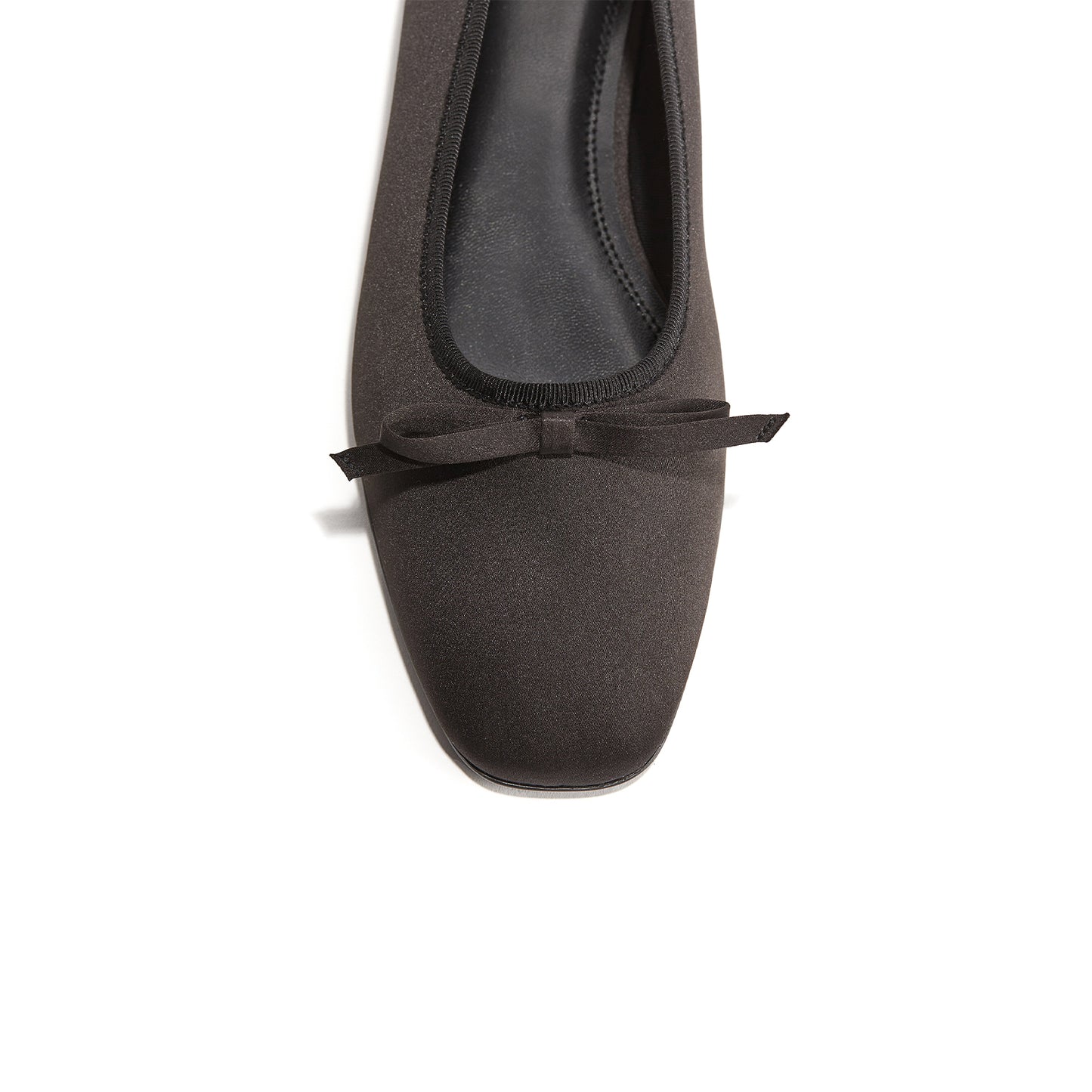 Black Satin Square-Toe Classic Ballet Flats With Front Bow