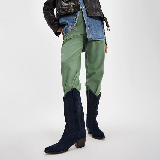 Navy Blue Faux Suede Snip-Toe Classic Embroidery Mid Calf Cowgirl Boots