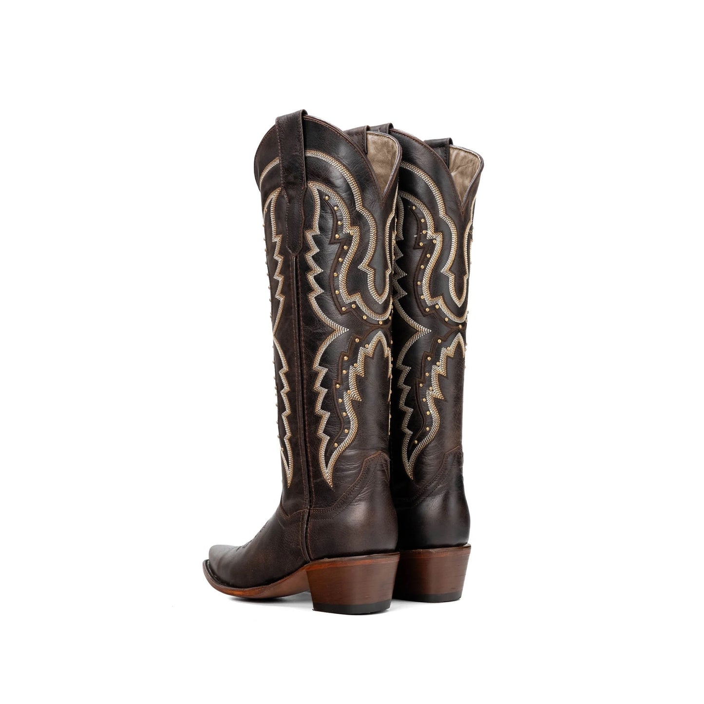 Brown Snip-Toe Embroidery Gold Studs Wide Calf Knee High Cowgirl Boots