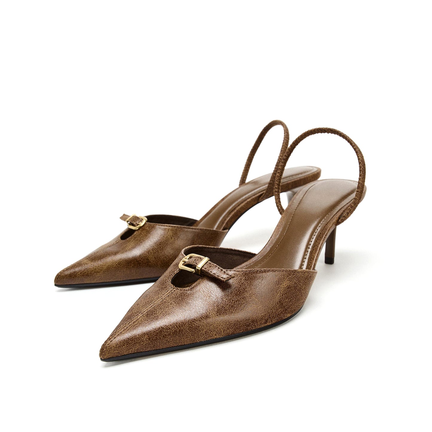 Distressed Brown Pointed-Toe Front Buckle Slingback Kitten Heels