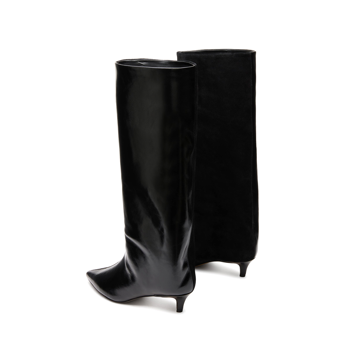 Black Faux Suede And Vegan Leather Pointed-Toe Wide Calf Knee High Stiletto Boots
