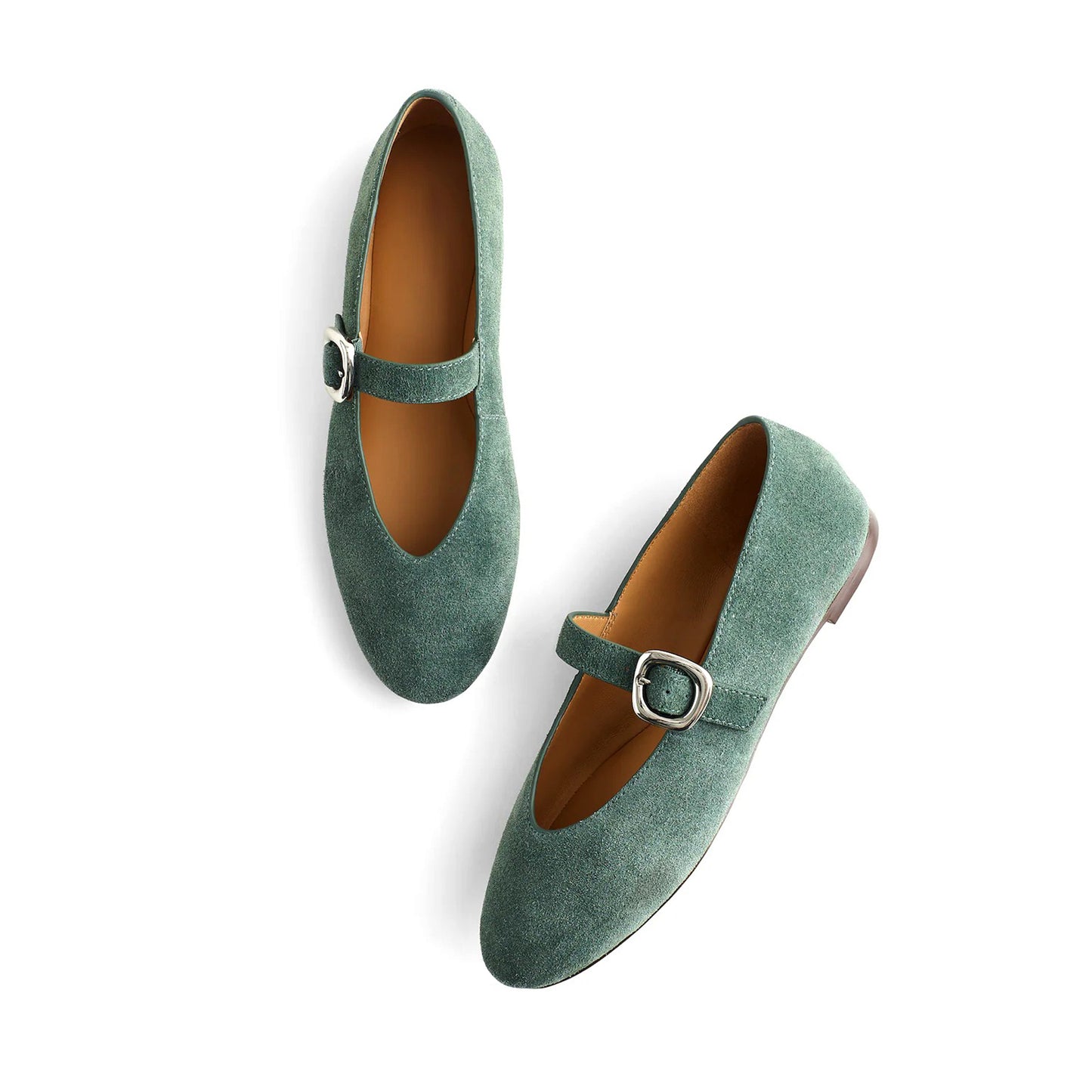 Architect Green Faux Suede Round-Toe Buckle Bridge Strap Slip-On Flats