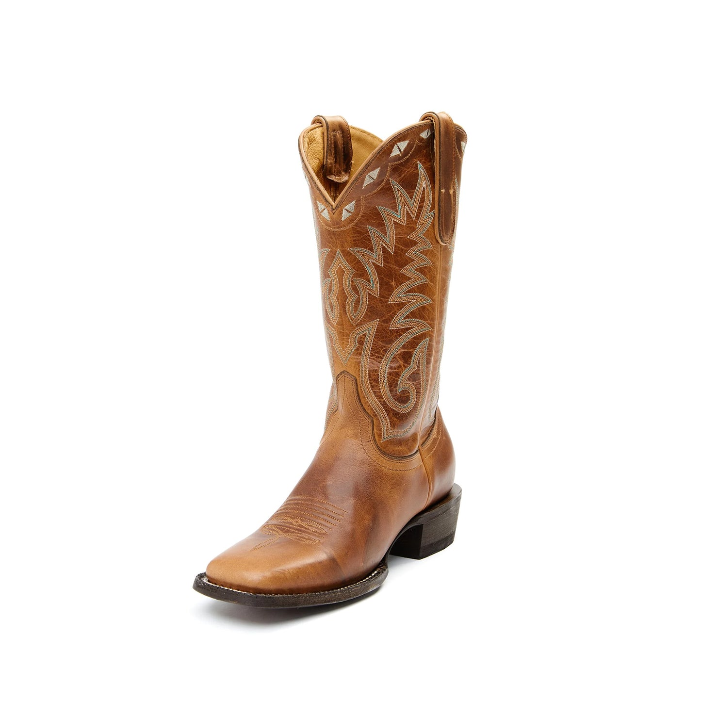 Distressed Tan Square-Toe Embroidery Mid Calf Cowgirl Boots