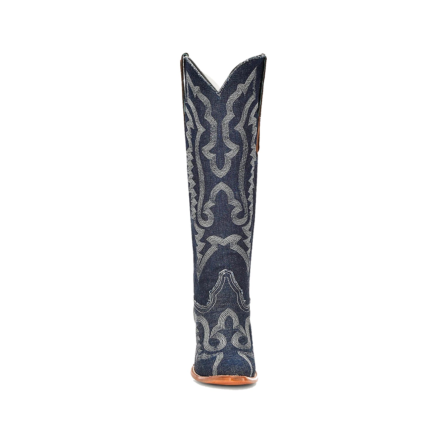 Blue Denim Almond-Toe Embroidery Wide Calf Knee High Cowgirl Boots