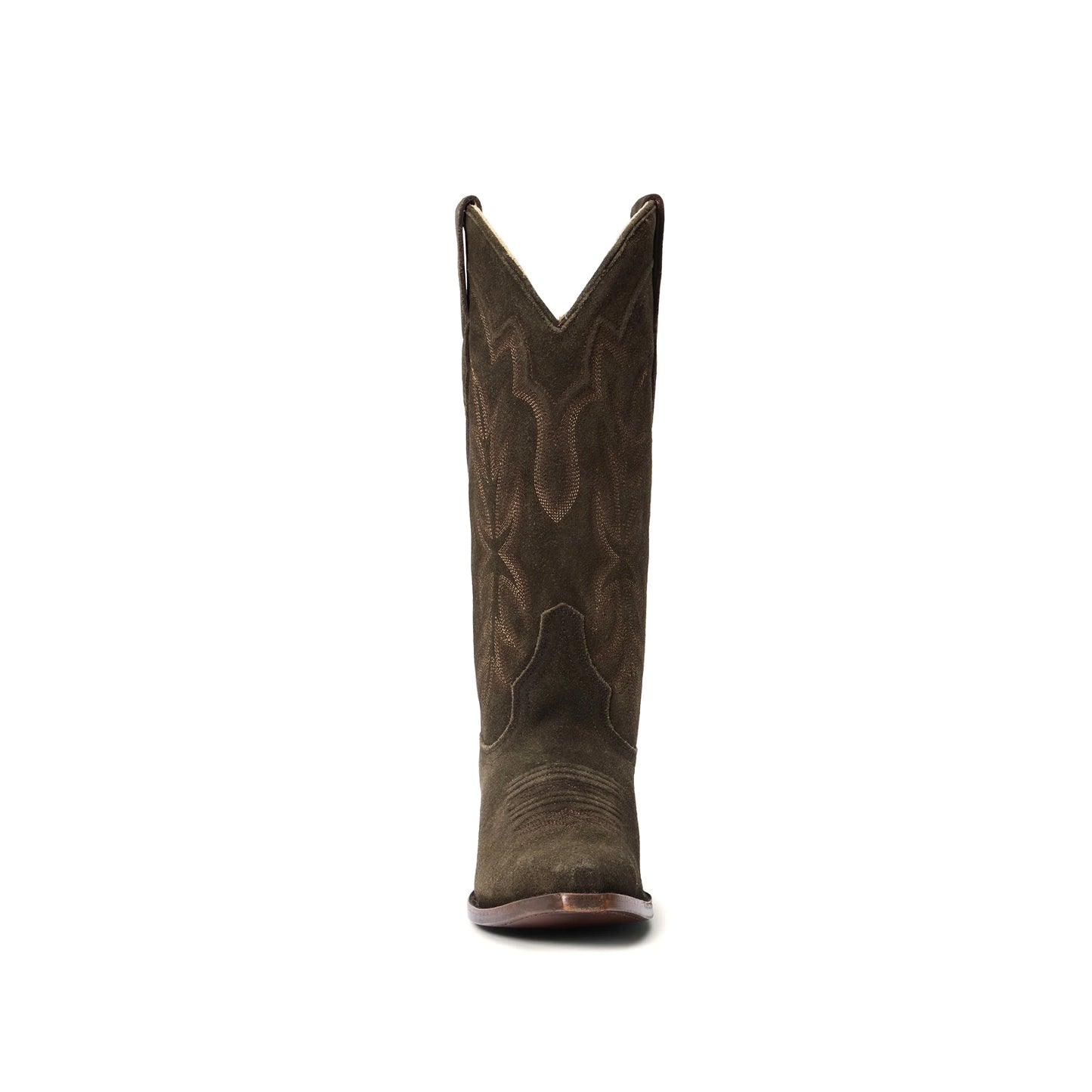 Olive Green Faux Suede Snip-Toe Embroidery Mid Calf Cowgirl Boots
