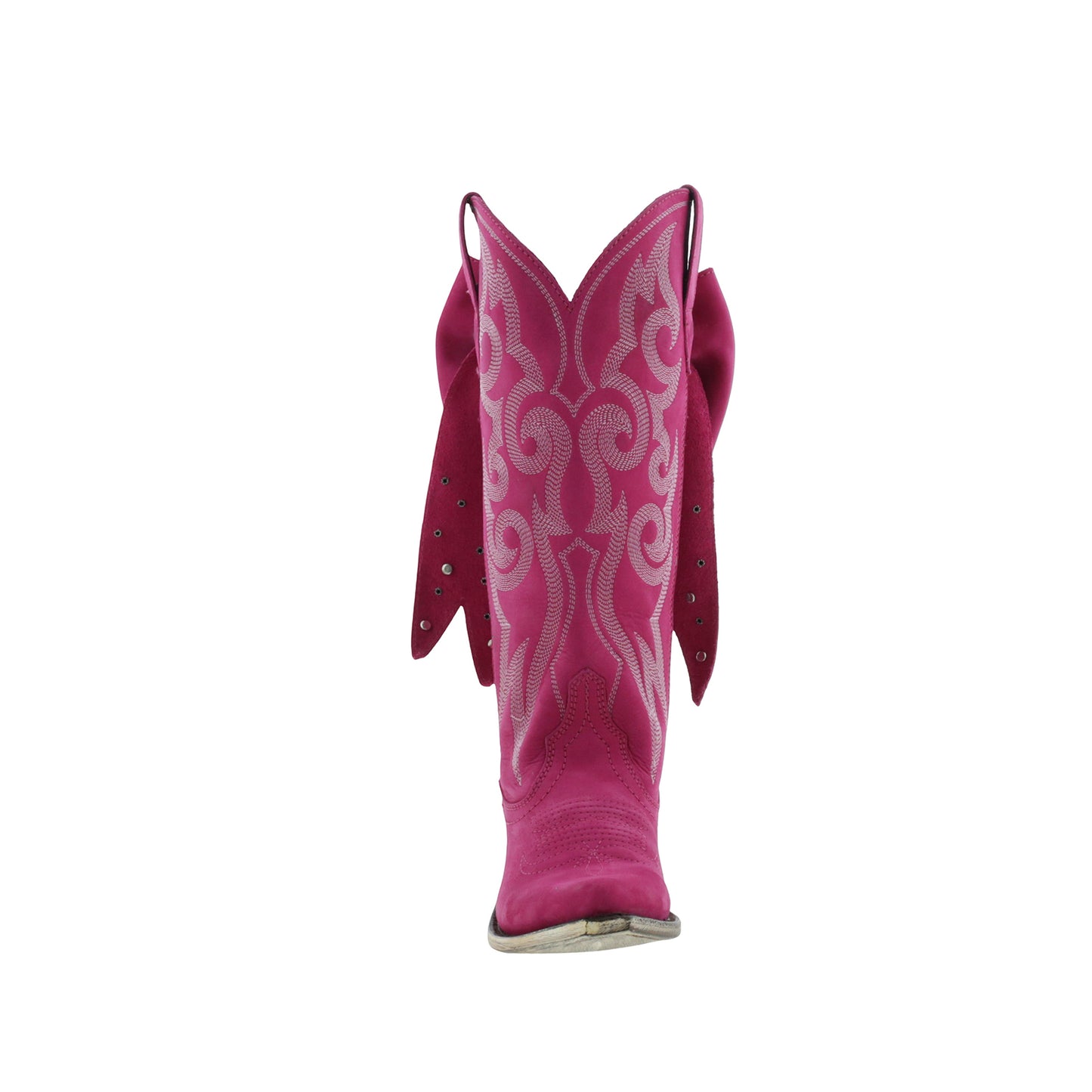Fuchsia Pointed-Toe Embroidery Back Studded Bow Mid Calf Cowgirl Boots