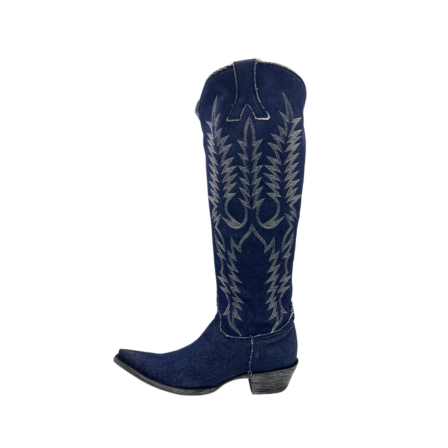 Blue Denim Pointed-Toe Embroidery Half-Zip Knee High Cowgirl Boots