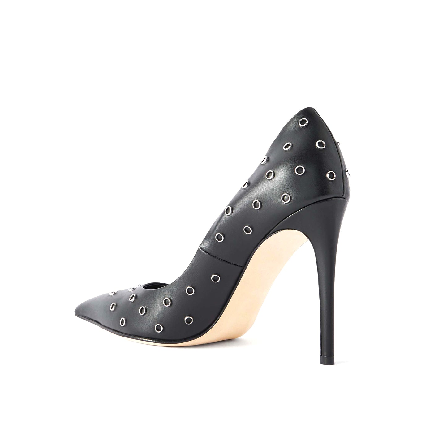 Black Pointed-Toe High Heels With Eyelets