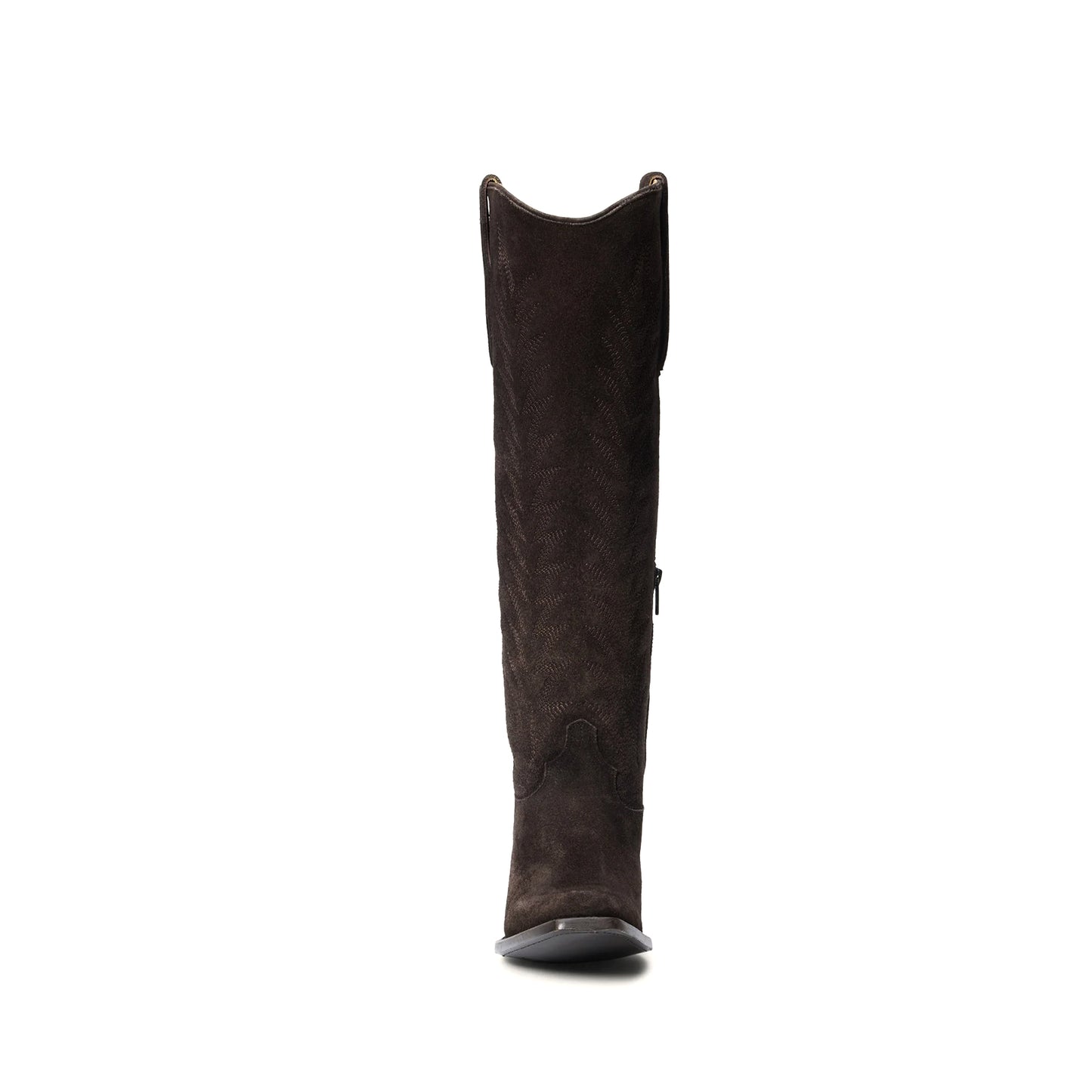 Brown Faux Suede Square-Toe Simple Embroidery Half-Zip Tall Knee High Cowgirl Boots