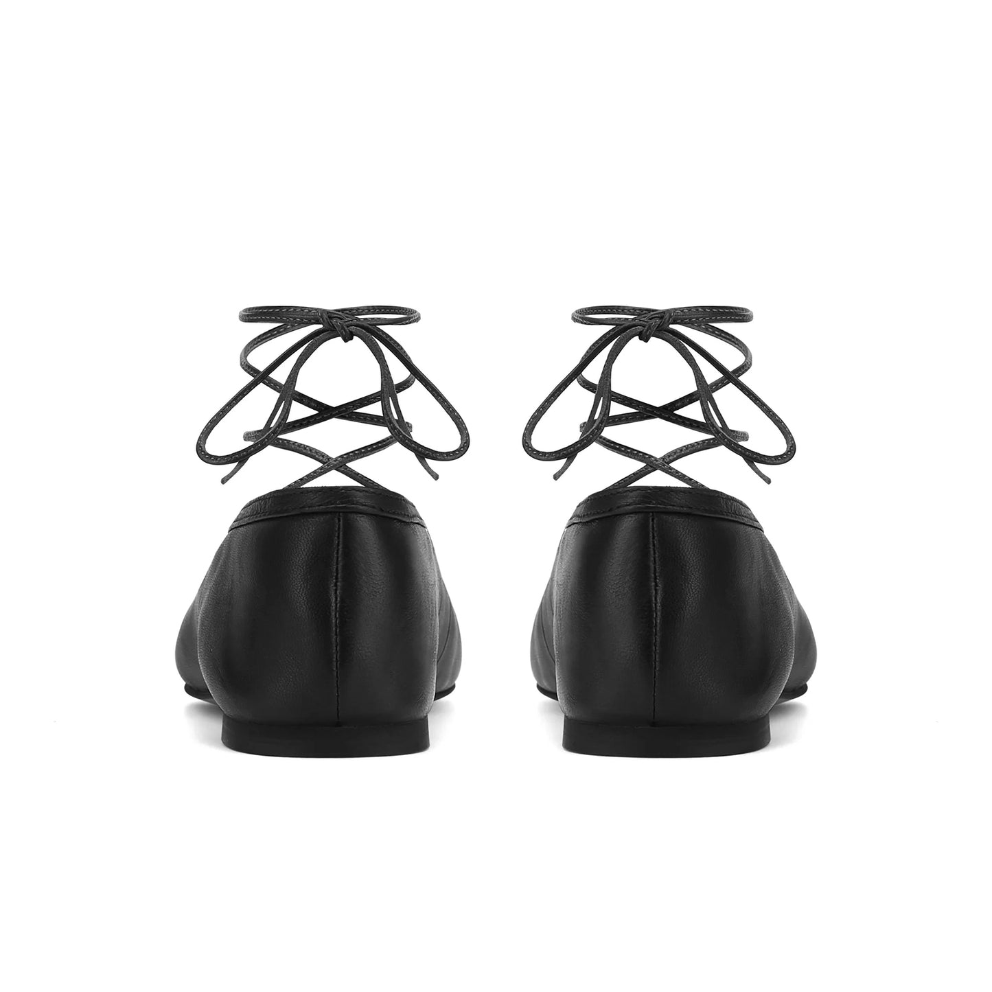 Black Vegan Leather Round-Toe Ankle Lacing Detail Lace-Up Flats