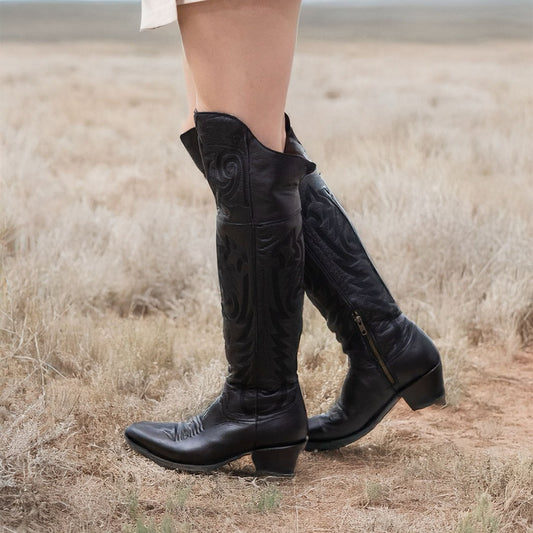 Black Snip-Toe Embroidery Half-Zip Knee High Cowgirl Boots