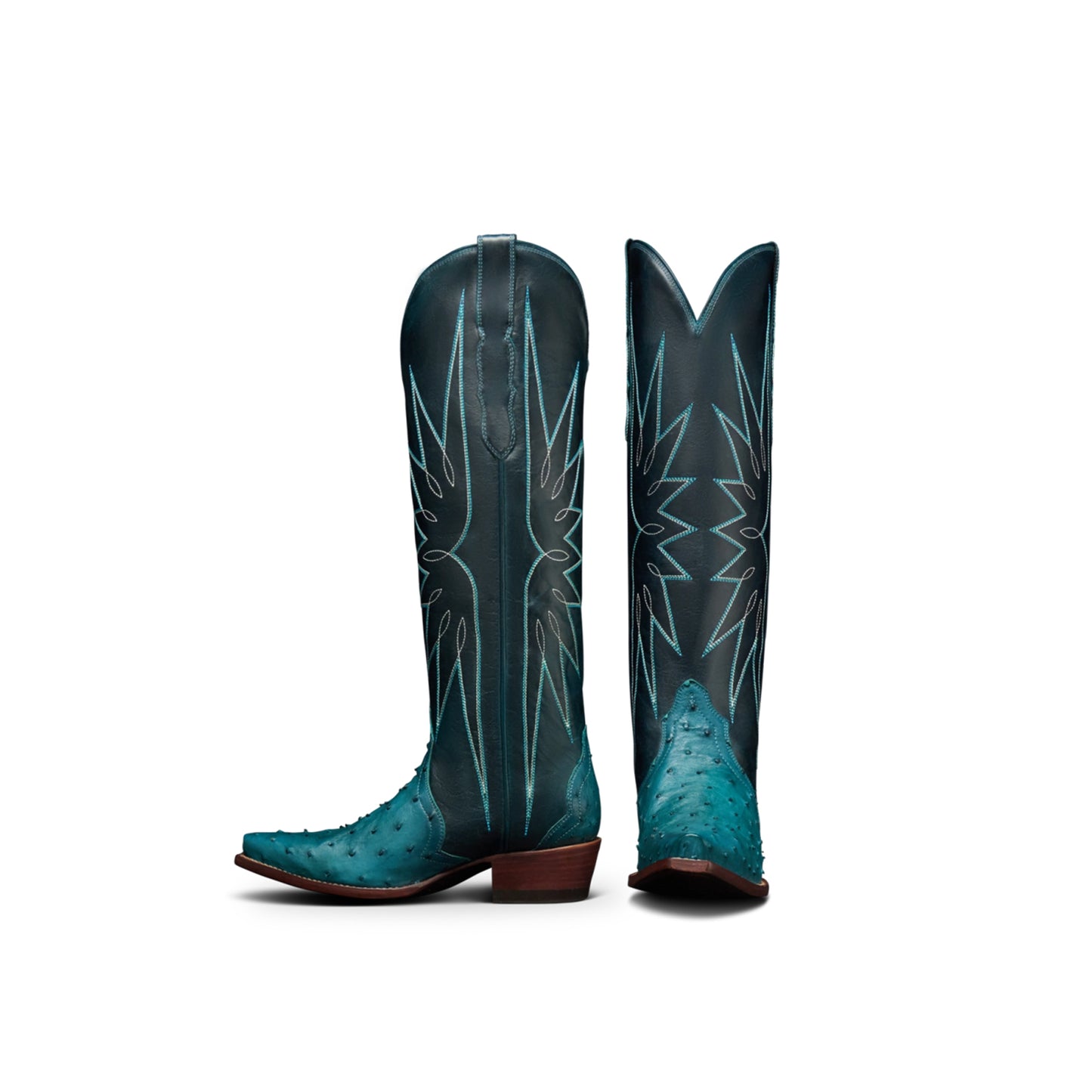 Azure Contrast Vegan Leather And Ostrich Print Snip-Toe Embroidery Wide Calf Knee High Cowgirl Boots