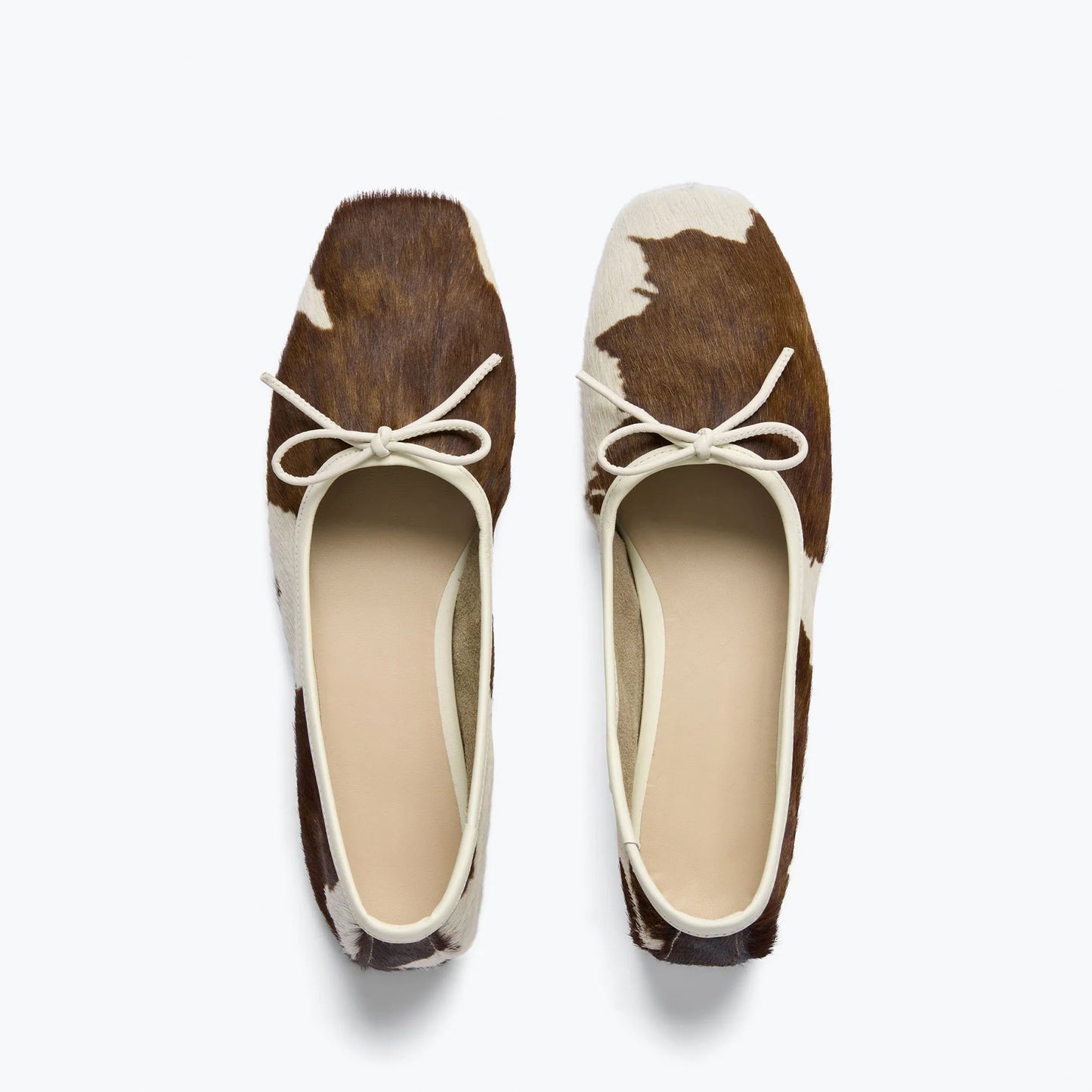 Cow Print Pony Hair Square-Toe Front Bow Ballet Flats