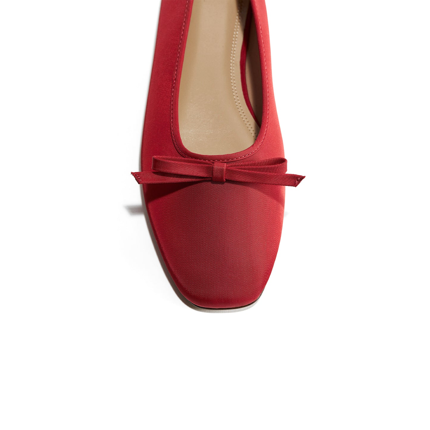 Red Satin Square-Toe Classic Ballet Flats With Front Bow